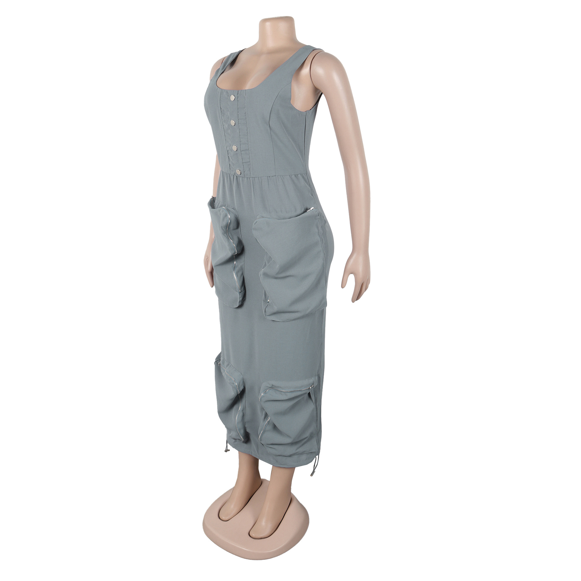 CM.YAYA 2025 Summer O-neck Mult Pockets Cargo Midi Long Dress Women Sleeveless Casual Bodycon Night Club Party Dresses Vestidos