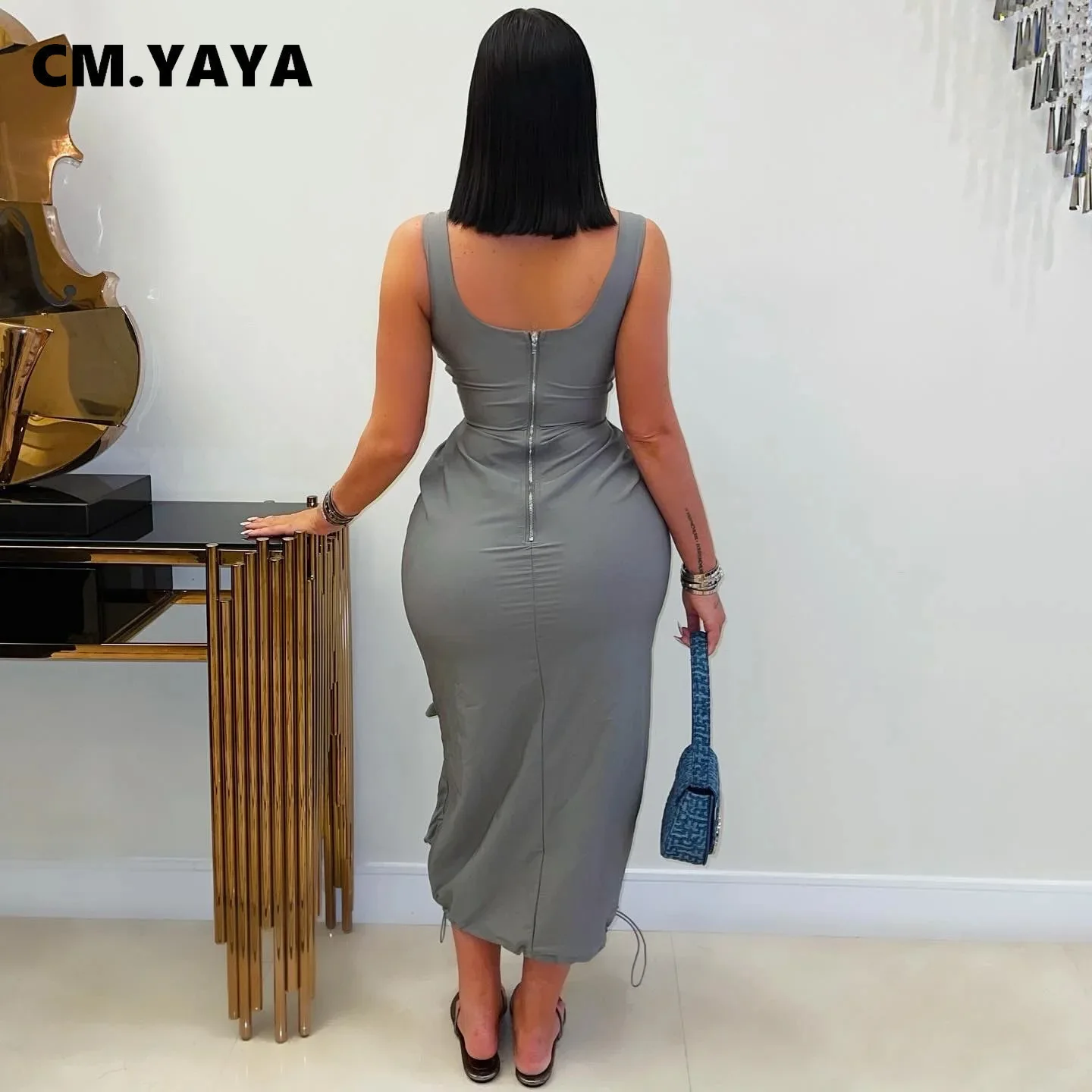 CM.YAYA 2025 Summer O-neck Mult Pockets Cargo Midi Long Dress Women Sleeveless Casual Bodycon Night Club Party Dresses Vestidos