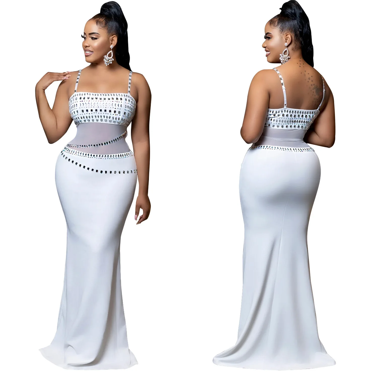 CM.YAYA Women Mesh See Though Diamonds Hot Rhinestones Strap Bodycon Midi Maxi Dress 2024 Evening Party Club Party Long Dresses