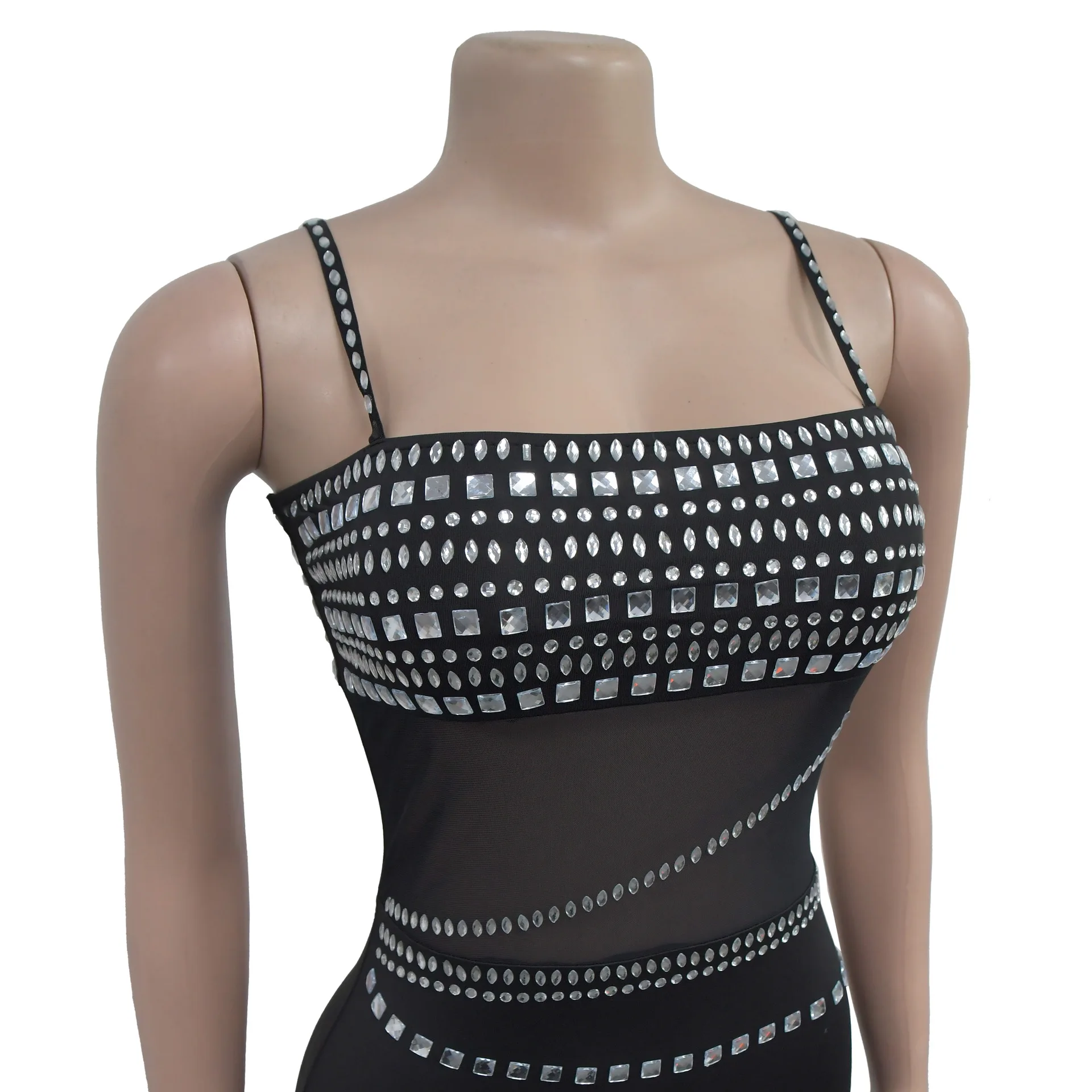 CM.YAYA Women Mesh See Though Diamonds Hot Rhinestones Strap Bodycon Midi Maxi Dress 2024 Evening Party Club Party Long Dresses