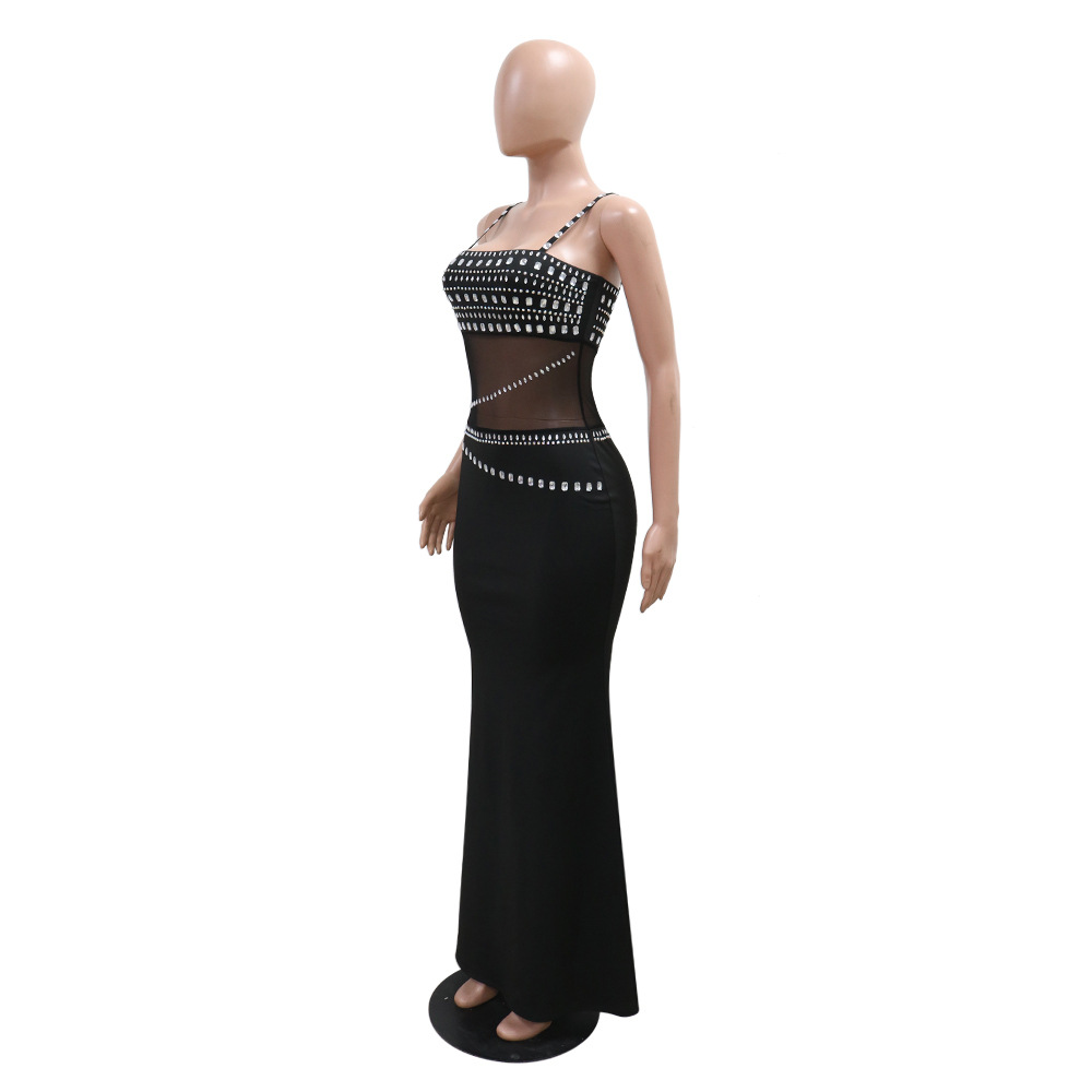 CM.YAYA Women Mesh See Though Diamonds Hot Rhinestones Strap Bodycon Midi Maxi Dress 2024 Evening Party Club Party Long Dresses
