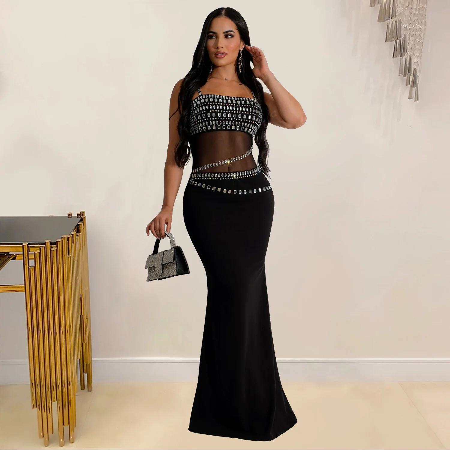 CM.YAYA Women Mesh See Though Diamonds Hot Rhinestones Strap Bodycon Midi Maxi Dress 2024 Evening Party Club Party Long Dresses