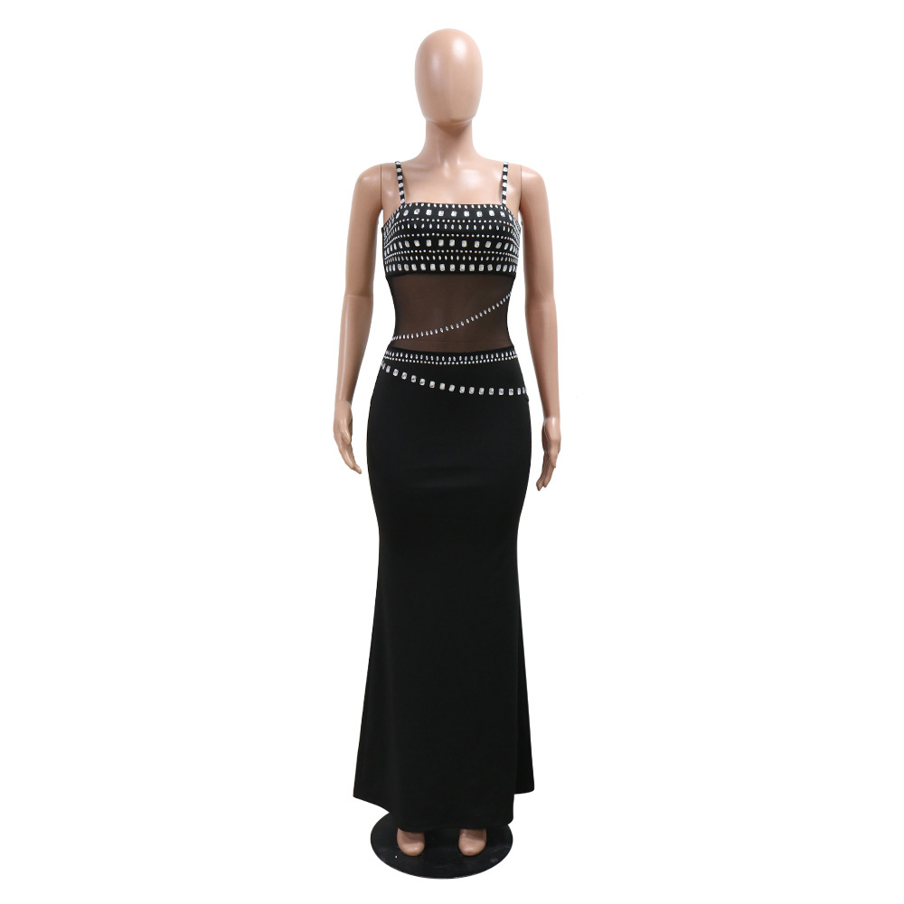 CM.YAYA Women Mesh See Though Diamonds Hot Rhinestones Strap Bodycon Midi Maxi Dress 2024 Evening Party Club Party Long Dresses