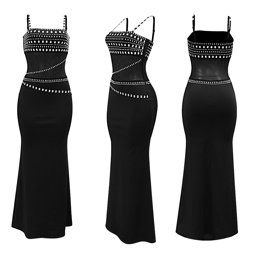 CM.YAYA Women Mesh See Though Diamonds Hot Rhinestones Strap Bodycon Midi Maxi Dress 2024 Evening Party Club Party Long Dresses