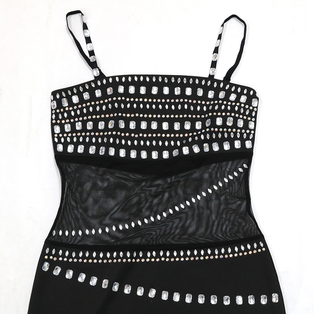 CM.YAYA Women Mesh See Though Diamonds Hot Rhinestones Strap Bodycon Midi Maxi Dress 2024 Evening Party Club Party Long Dresses