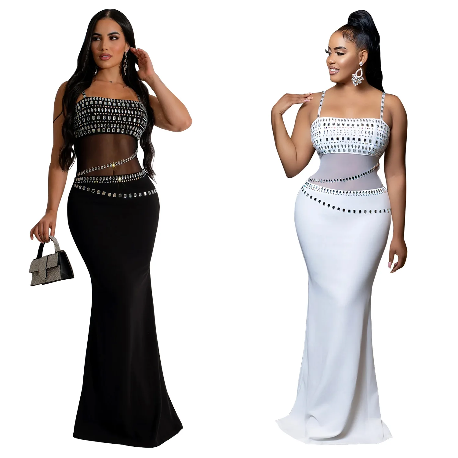 CM.YAYA Women Mesh See Though Diamonds Hot Rhinestones Strap Bodycon Midi Maxi Dress 2024 Evening Party Club Party Long Dresses