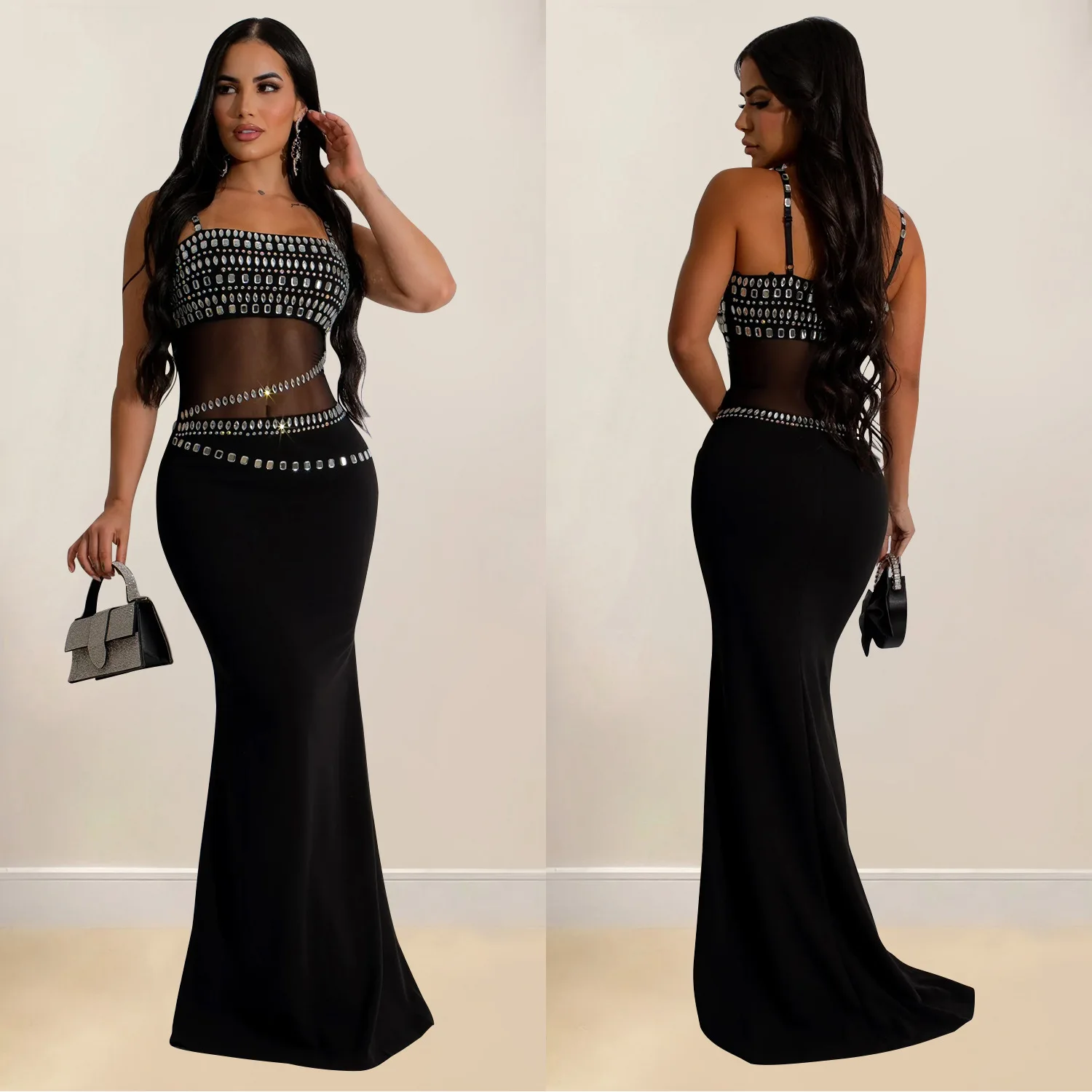 CM.YAYA Women Mesh See Though Diamonds Hot Rhinestones Strap Bodycon Midi Maxi Dress 2024 Evening Party Club Party Long Dresses
