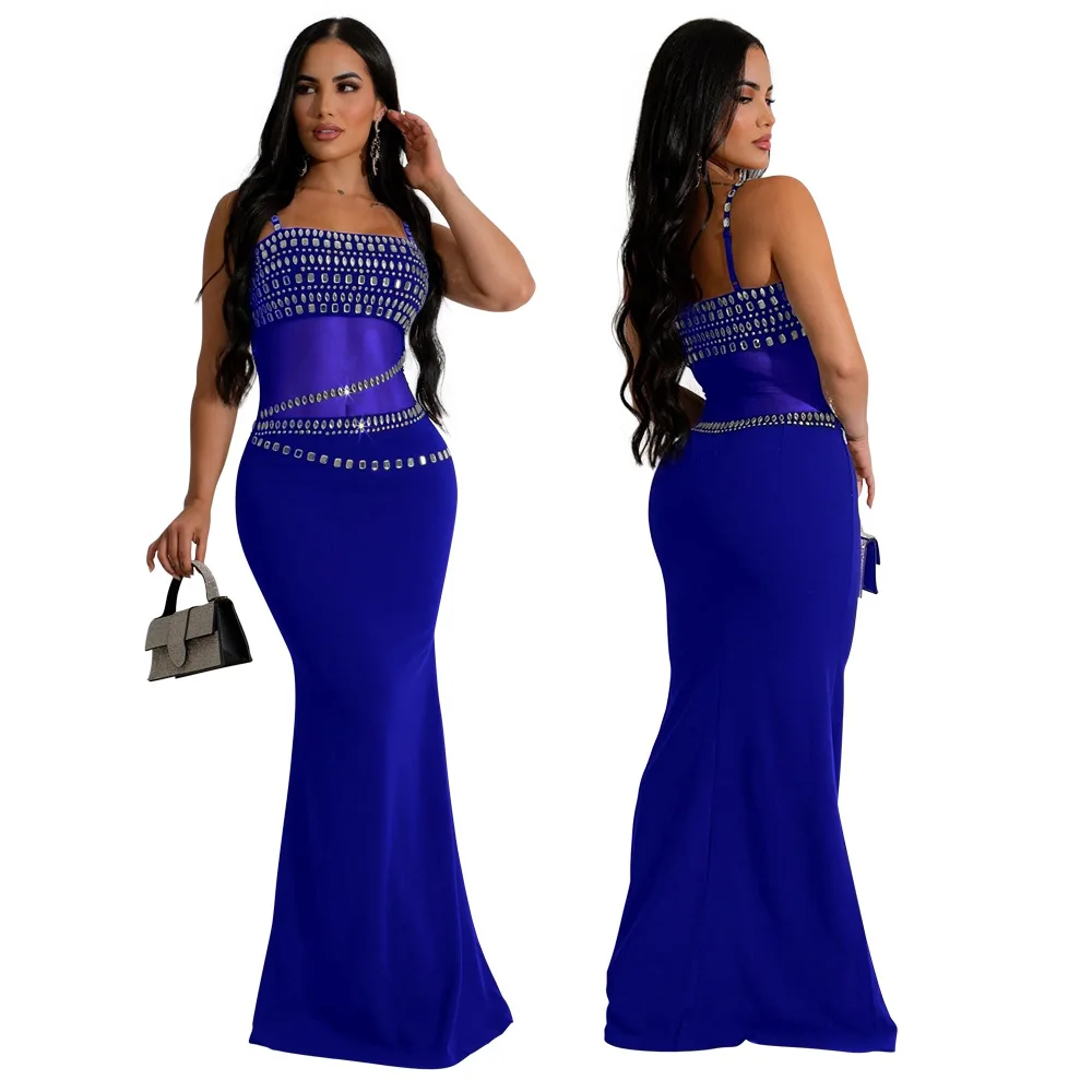 CM.YAYA Women Mesh See Though Diamonds Hot Rhinestones Strap Bodycon Midi Maxi Dress 2024 Evening Party Club Party Long Dresses