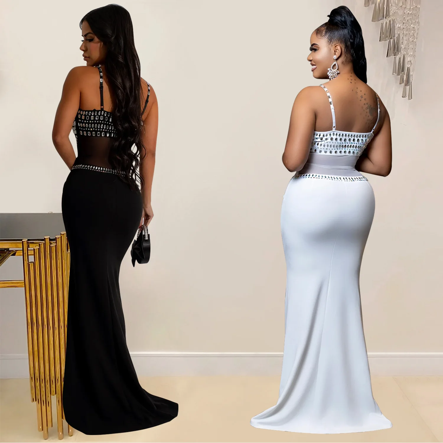CM.YAYA Women Mesh See Though Diamonds Hot Rhinestones Strap Bodycon Midi Maxi Dress 2024 Evening Party Club Party Long Dresses