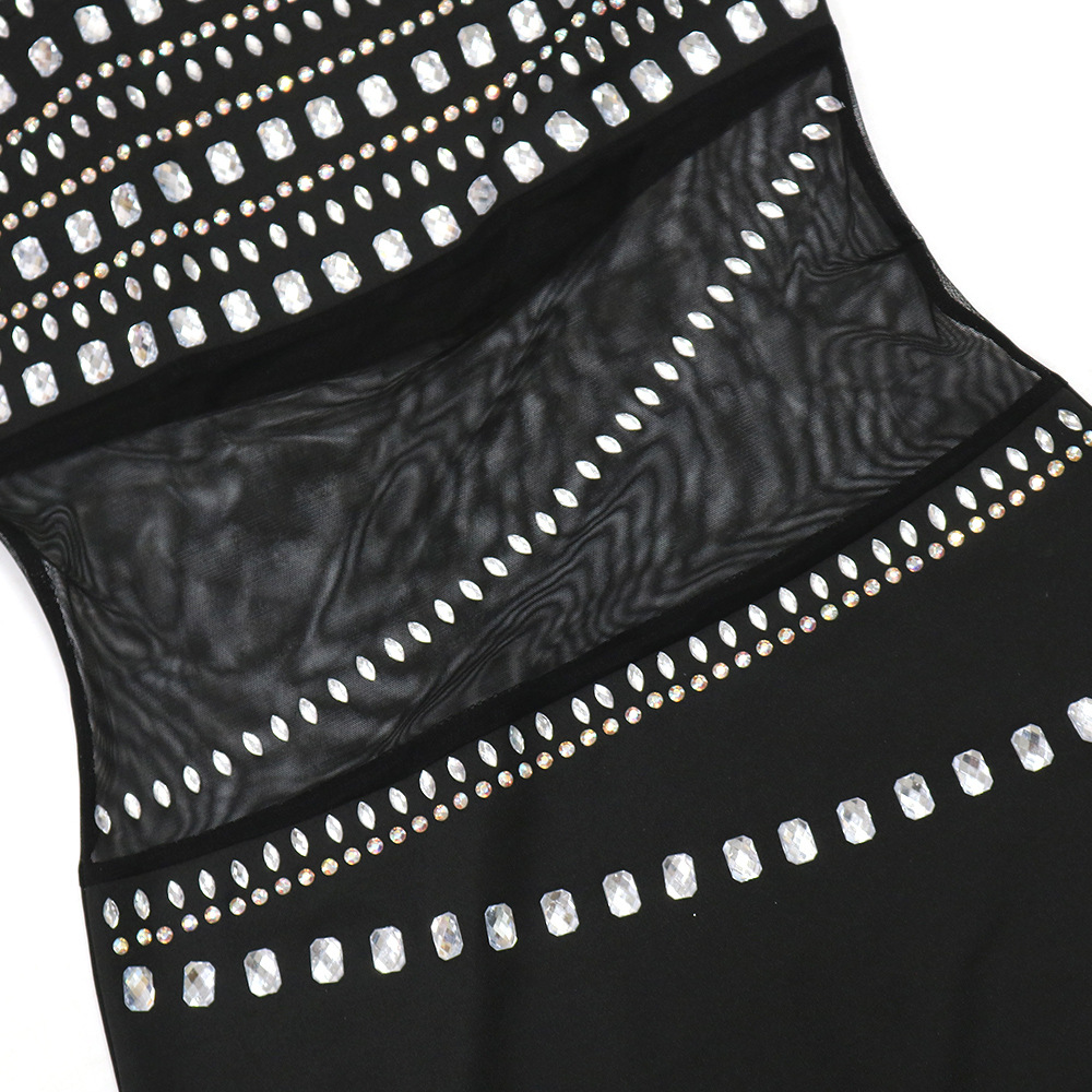 CM.YAYA Women Mesh See Though Diamonds Hot Rhinestones Strap Bodycon Midi Maxi Dress 2024 Evening Party Club Party Long Dresses