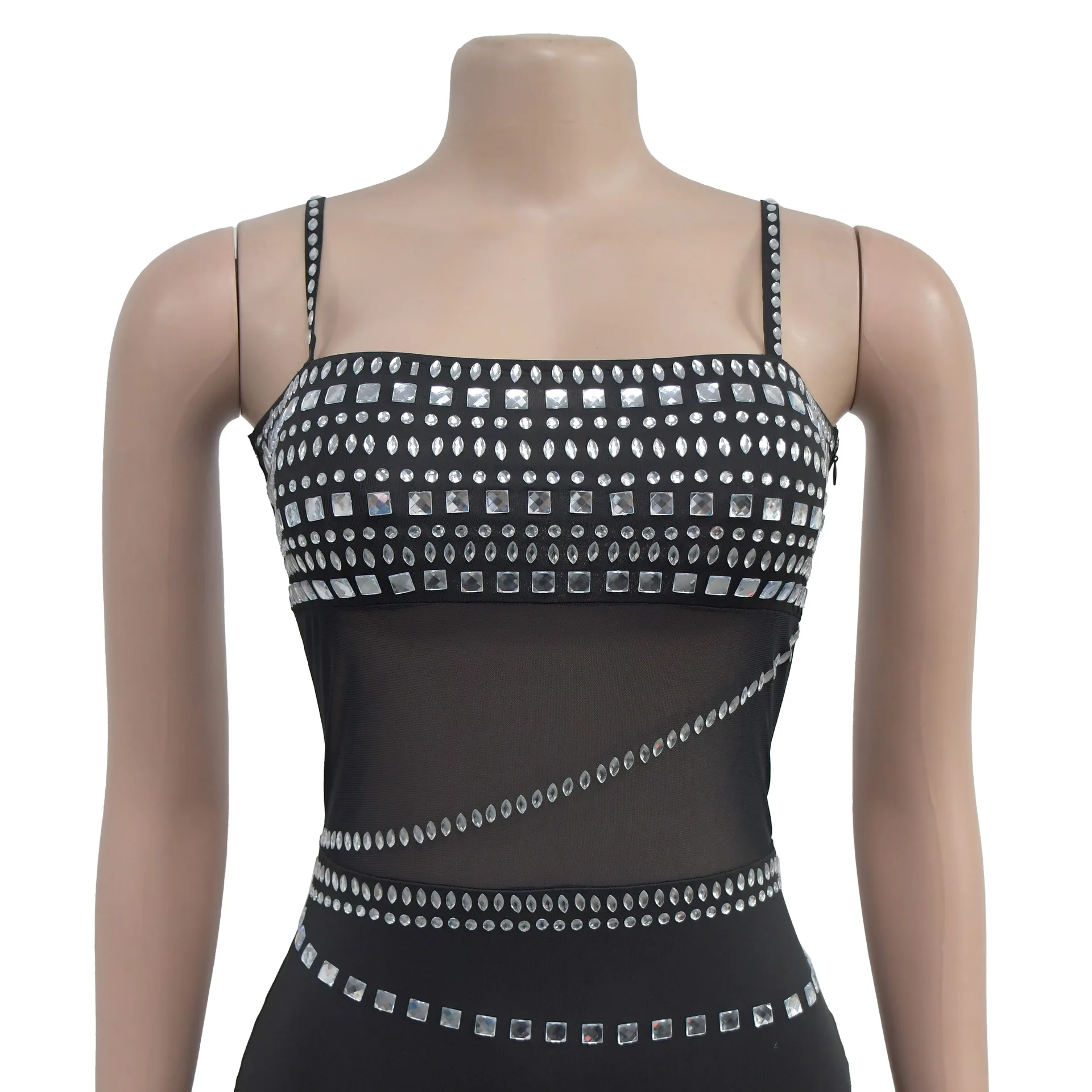 CM.YAYA Women Mesh See Though Diamonds Hot Rhinestones Strap Bodycon Midi Maxi Dress 2024 Evening Party Club Party Long Dresses