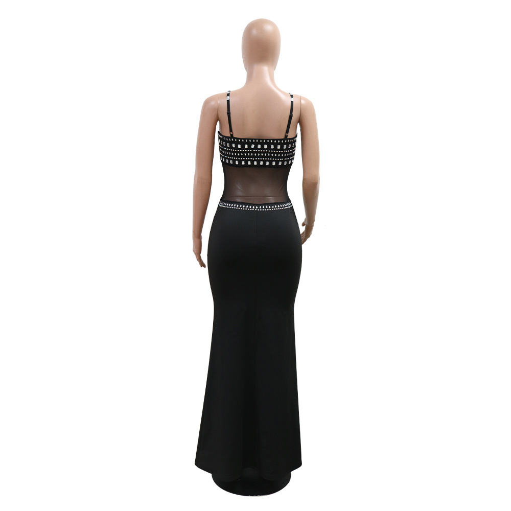 CM.YAYA Women Mesh See Though Diamonds Hot Rhinestones Strap Bodycon Midi Maxi Dress 2024 Evening Party Club Party Long Dresses