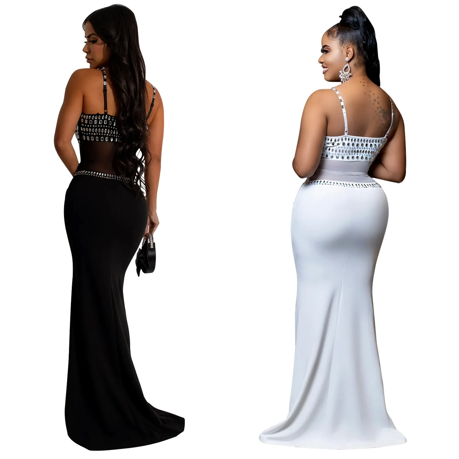 CM.YAYA Women Mesh See Though Diamonds Hot Rhinestones Strap Bodycon Midi Maxi Dress 2024 Evening Party Club Party Long Dresses