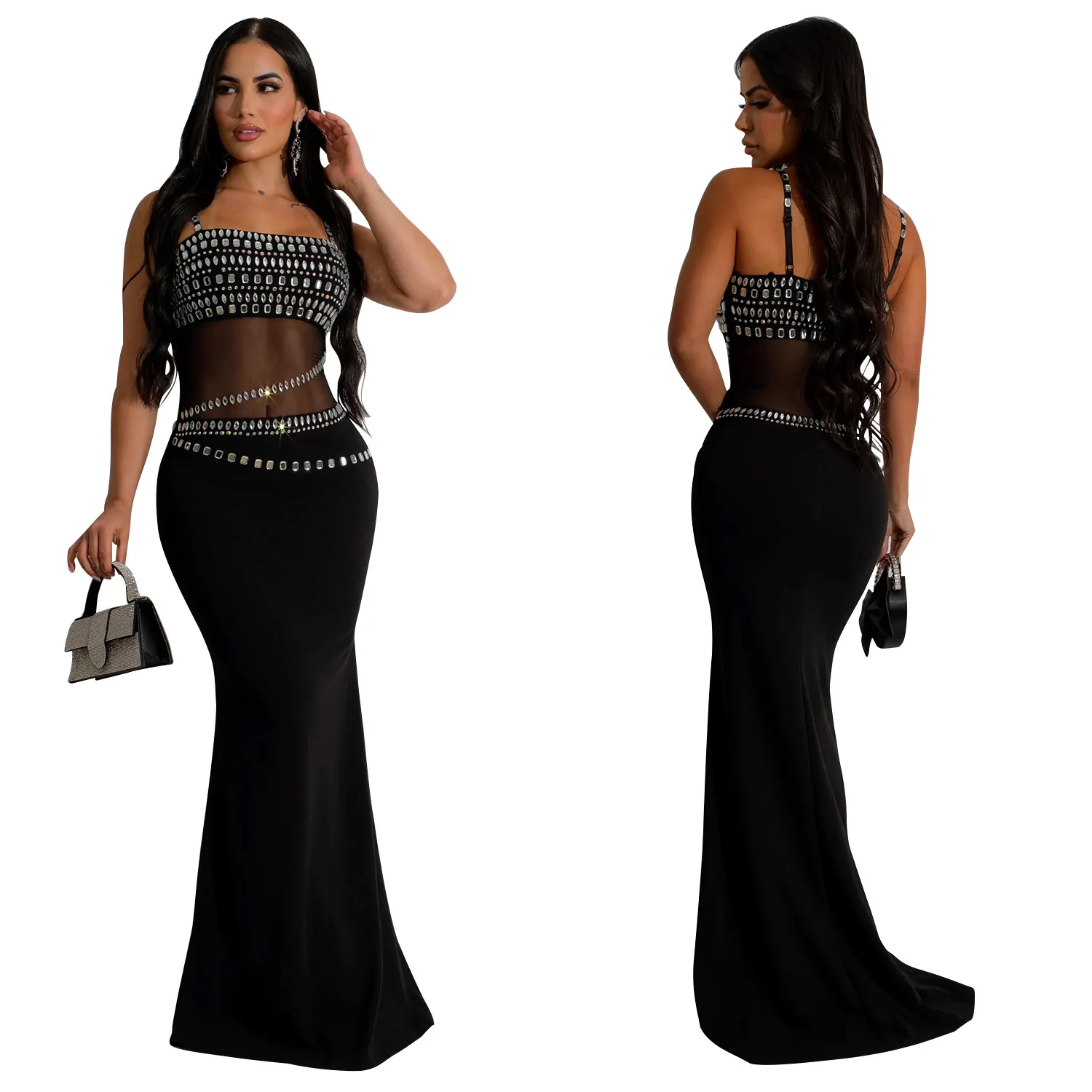 CM.YAYA Women Mesh See Though Diamonds Hot Rhinestones Strap Bodycon Midi Maxi Dress 2024 Evening Party Club Party Long Dresses