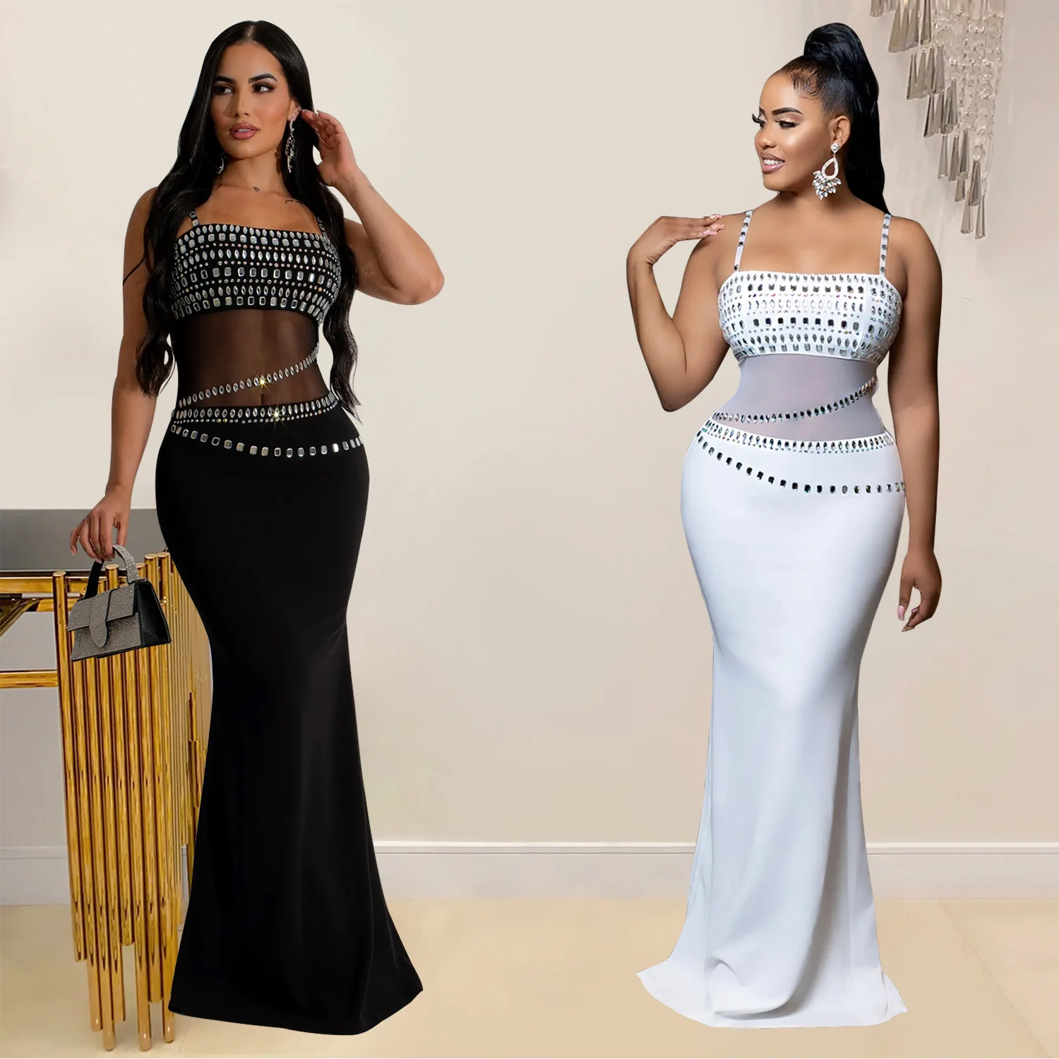 CM.YAYA Women Mesh See Though Diamonds Hot Rhinestones Strap Bodycon Midi Maxi Dress 2024 Evening Party Club Party Long Dresses