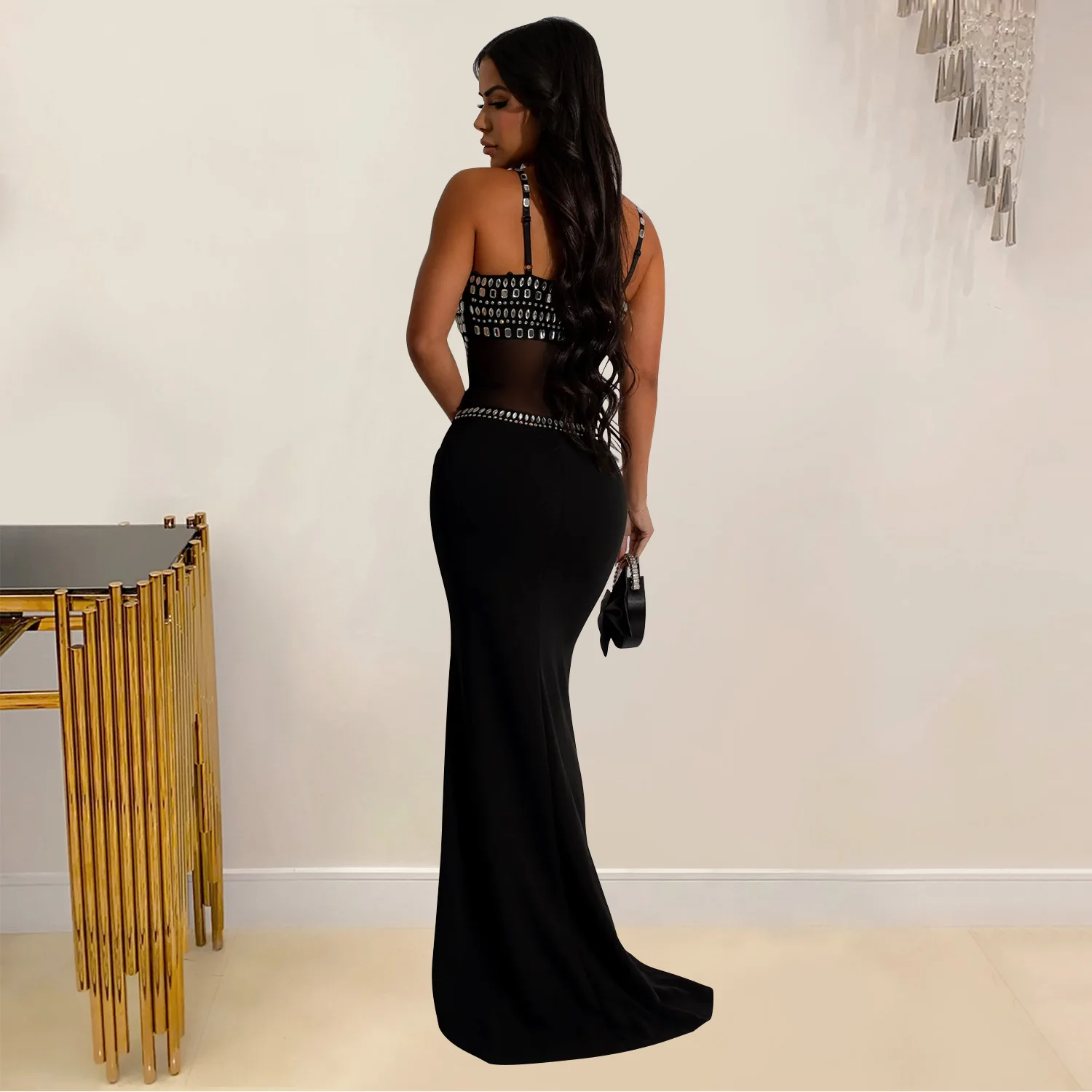 CM.YAYA Women Mesh See Though Diamonds Hot Rhinestones Strap Bodycon Midi Maxi Dress 2024 Evening Party Club Party Long Dresses