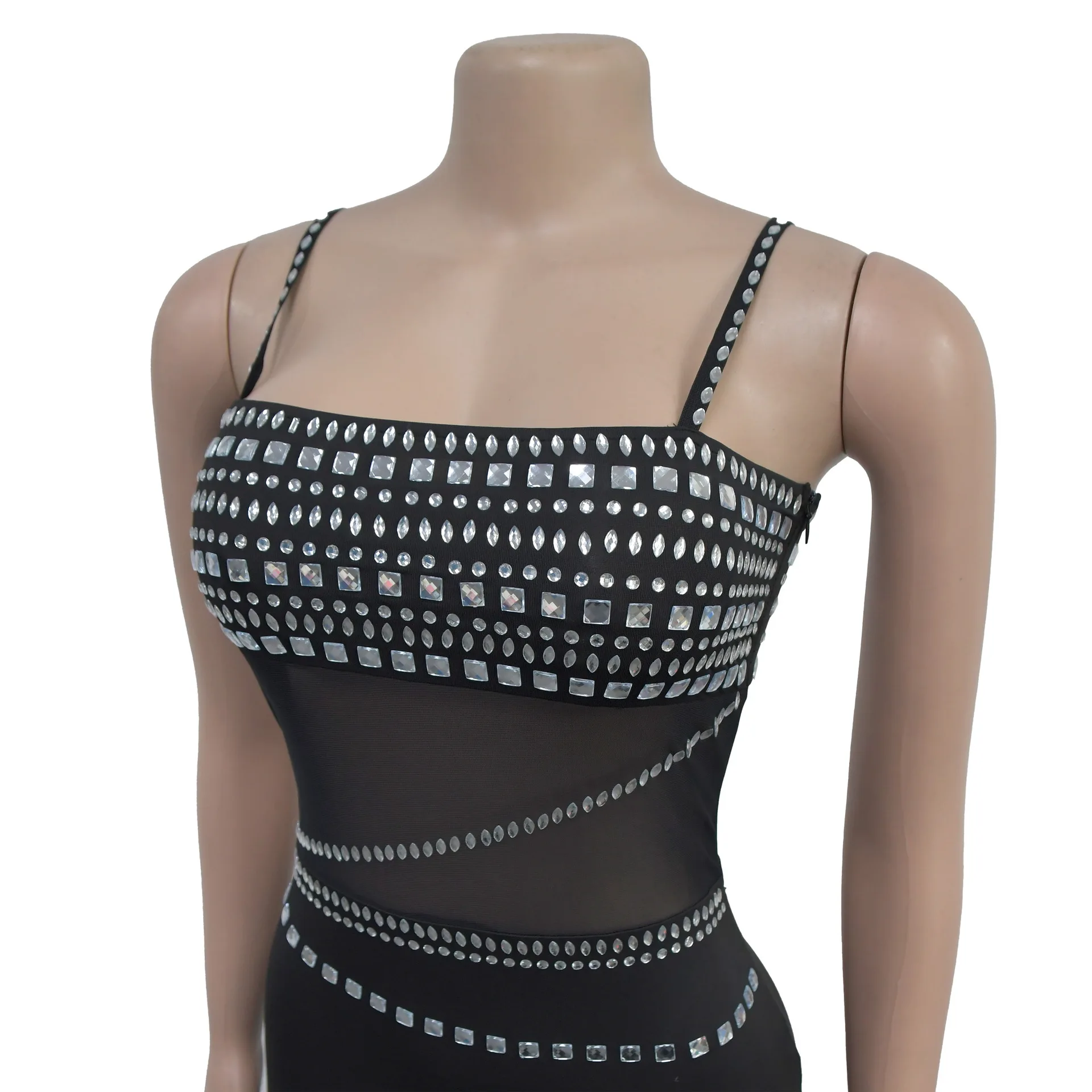 CM.YAYA Women Mesh See Though Diamonds Hot Rhinestones Strap Bodycon Midi Maxi Dress 2024 Evening Party Club Party Long Dresses