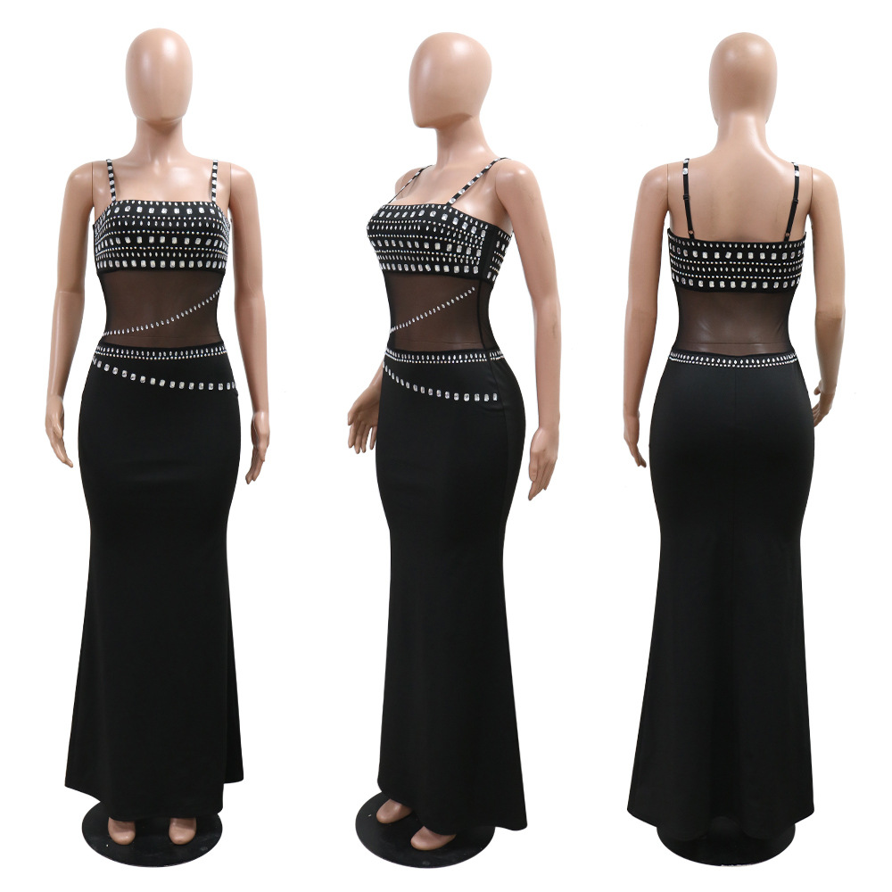 CM.YAYA Women Mesh See Though Diamonds Hot Rhinestones Strap Bodycon Midi Maxi Dress 2024 Evening Party Club Party Long Dresses