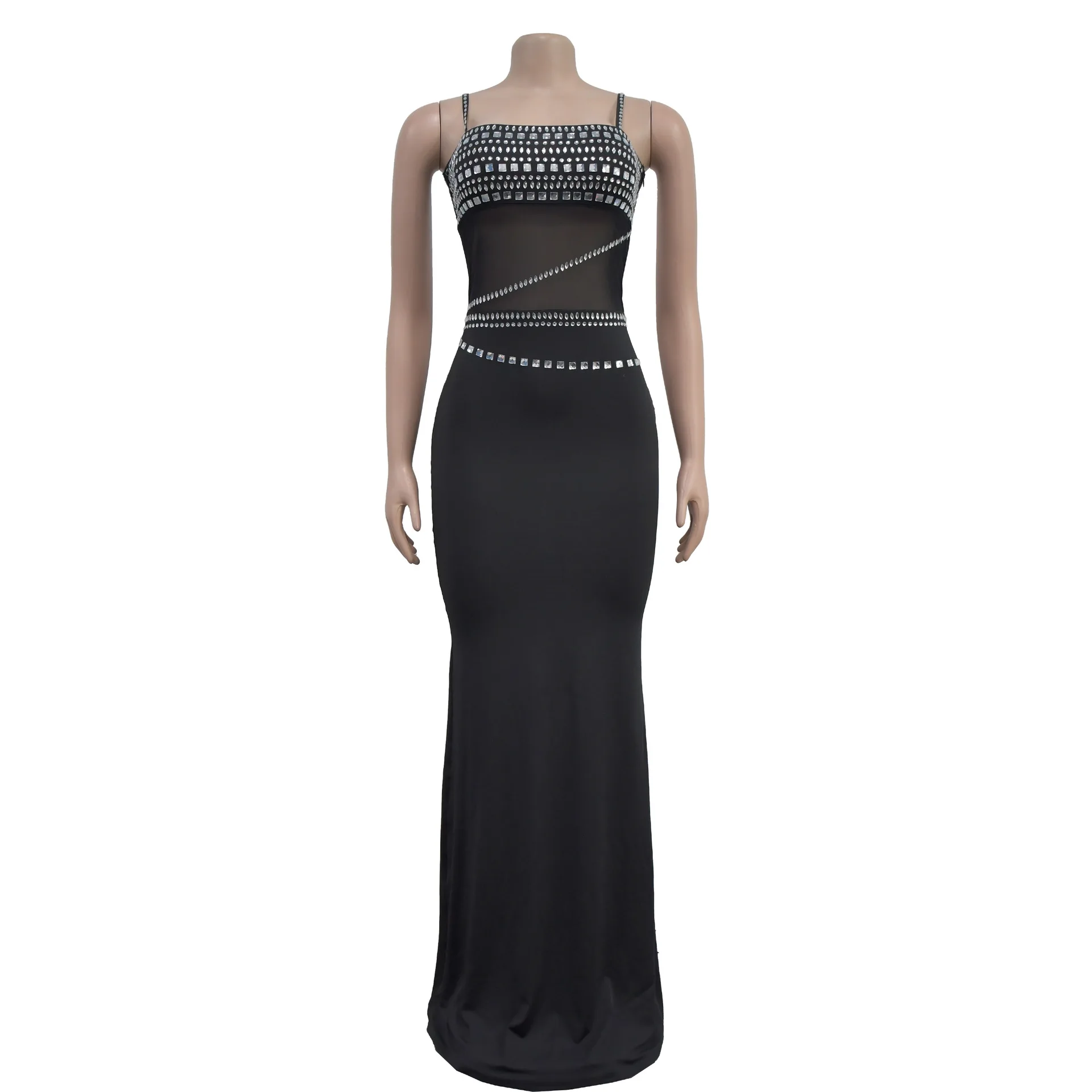 CM.YAYA Women Mesh See Though Diamonds Hot Rhinestones Strap Bodycon Midi Maxi Dress 2024 Evening Party Club Party Long Dresses