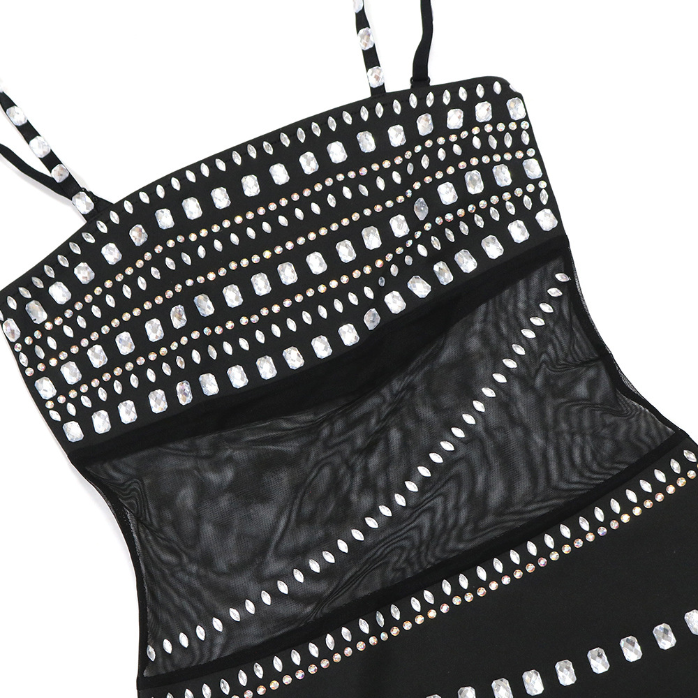 CM.YAYA Women Mesh See Though Diamonds Hot Rhinestones Strap Bodycon Midi Maxi Dress 2024 Evening Party Club Party Long Dresses