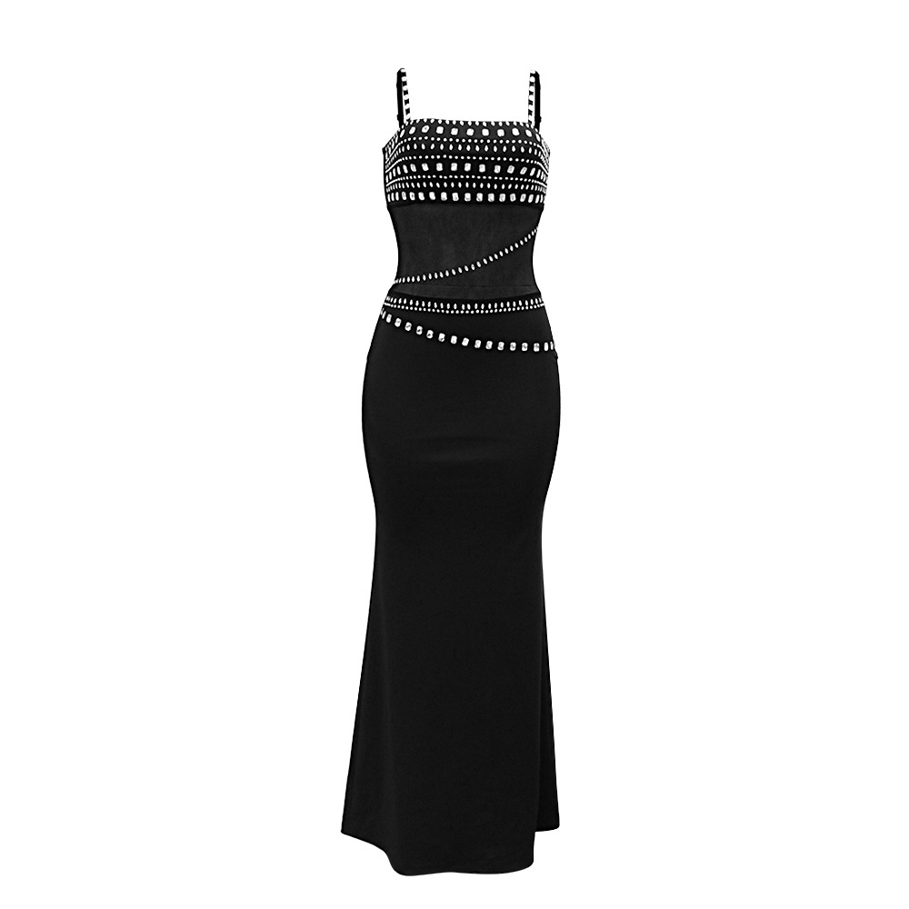 CM.YAYA Women Mesh See Though Diamonds Hot Rhinestones Strap Bodycon Midi Maxi Dress 2024 Evening Party Club Party Long Dresses