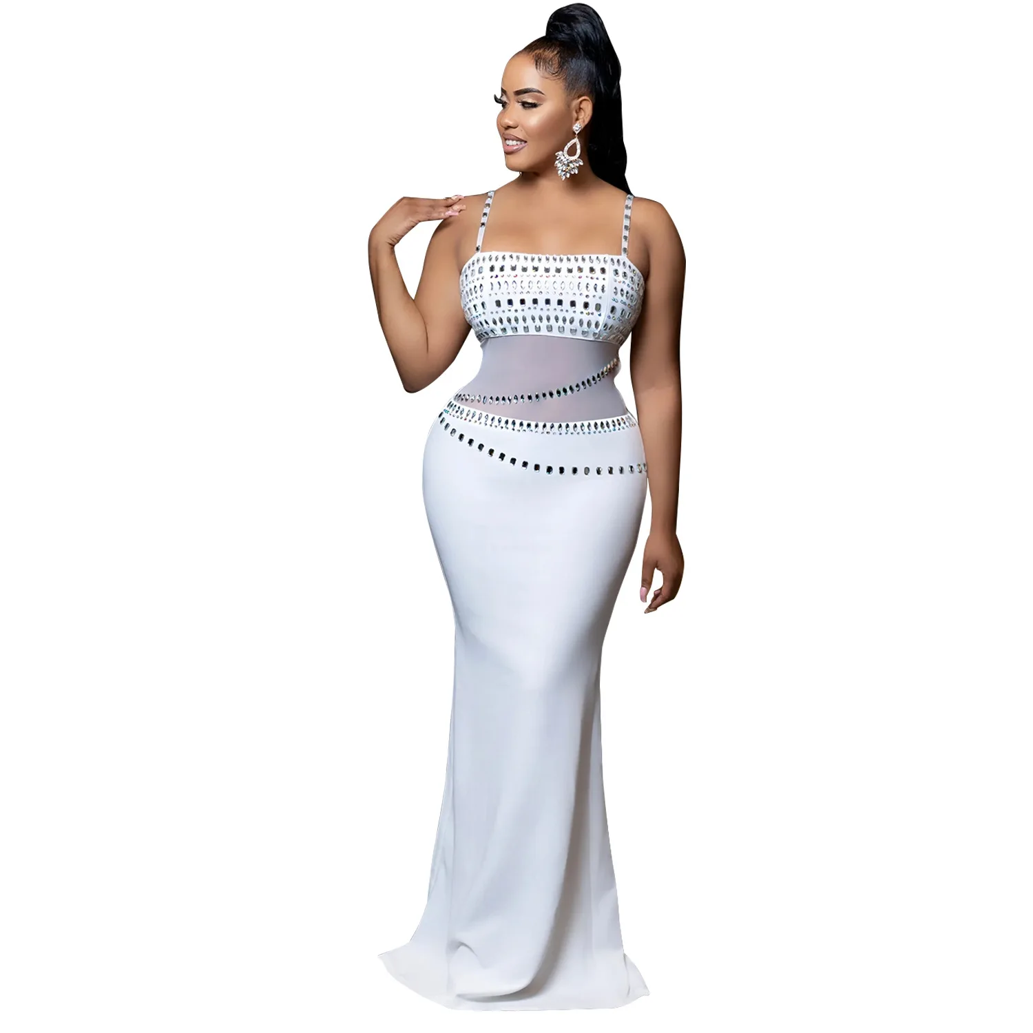 CM.YAYA Women Mesh See Though Diamonds Hot Rhinestones Strap Bodycon Midi Maxi Dress 2024 Evening Party Club Party Long Dresses