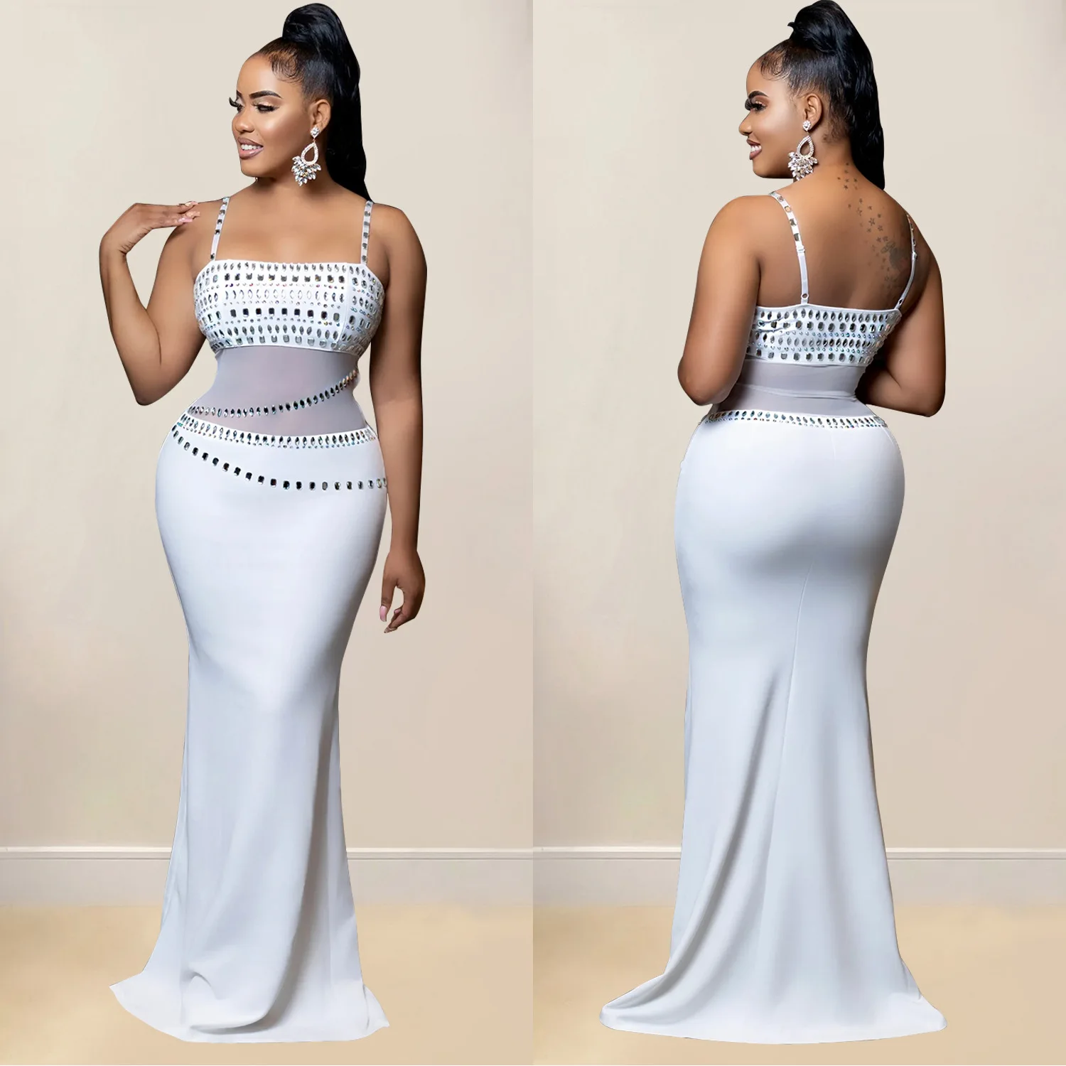 CM.YAYA Women Mesh See Though Diamonds Hot Rhinestones Strap Bodycon Midi Maxi Dress 2024 Evening Party Club Party Long Dresses