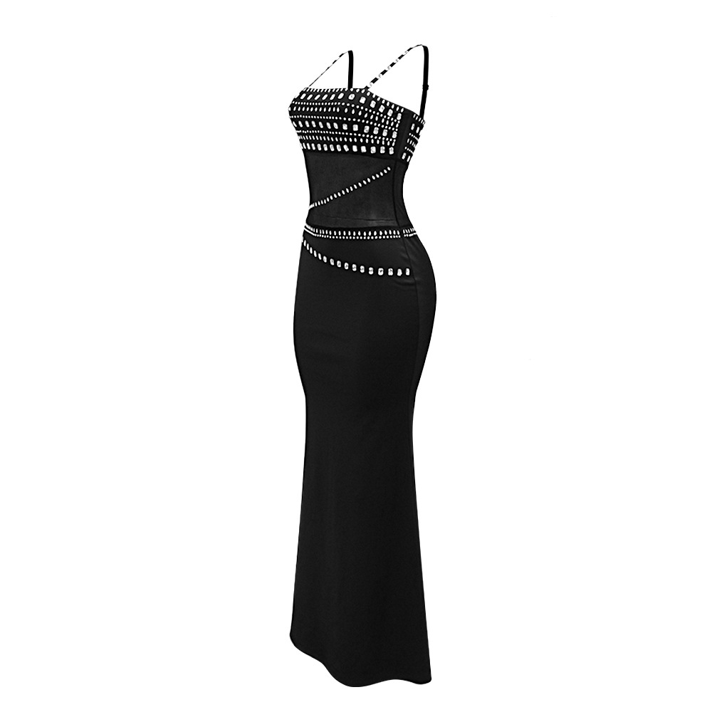 CM.YAYA Women Mesh See Though Diamonds Hot Rhinestones Strap Bodycon Midi Maxi Dress 2024 Evening Party Club Party Long Dresses
