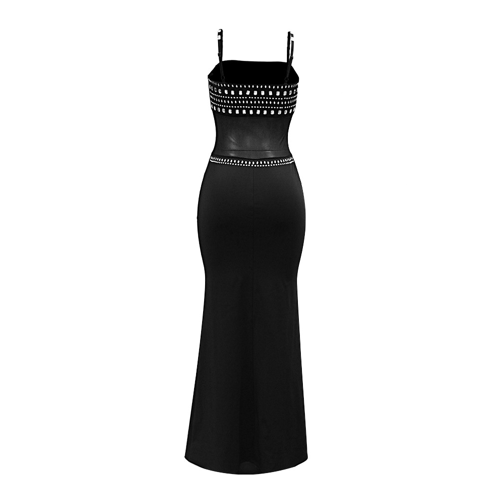 CM.YAYA Women Mesh See Though Diamonds Hot Rhinestones Strap Bodycon Midi Maxi Dress 2024 Evening Party Club Party Long Dresses