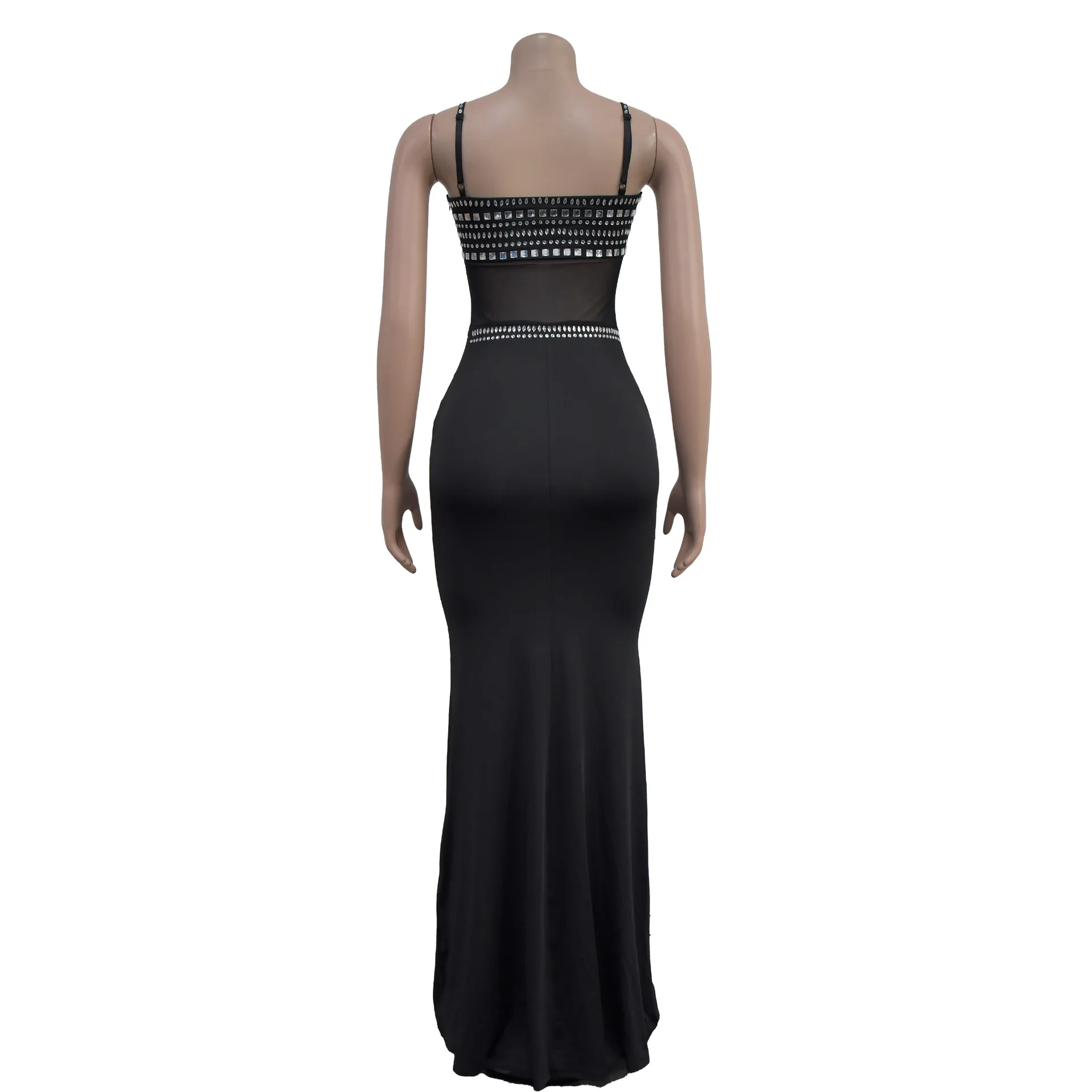 CM.YAYA Women Mesh See Though Diamonds Hot Rhinestones Strap Bodycon Midi Maxi Dress 2024 Evening Party Club Party Long Dresses