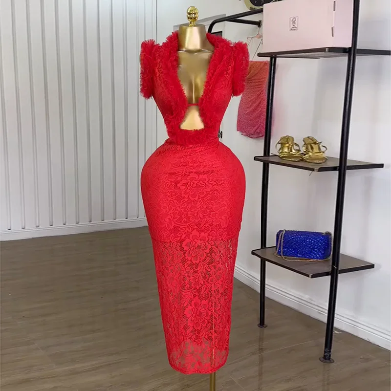 CM.YAYA Women Ruffles Splicing Deep V-neck Lace Floral Bodycon Midi Dress 2025 Birthday Night Club Party Vestidos Sexy Dresses CM.YAYA Women Ruffles Splicing Deep V-neck Lace Floral Bodycon Midi Dress 2025 Birthday Night Club Party Vestidos Sexy Dresses