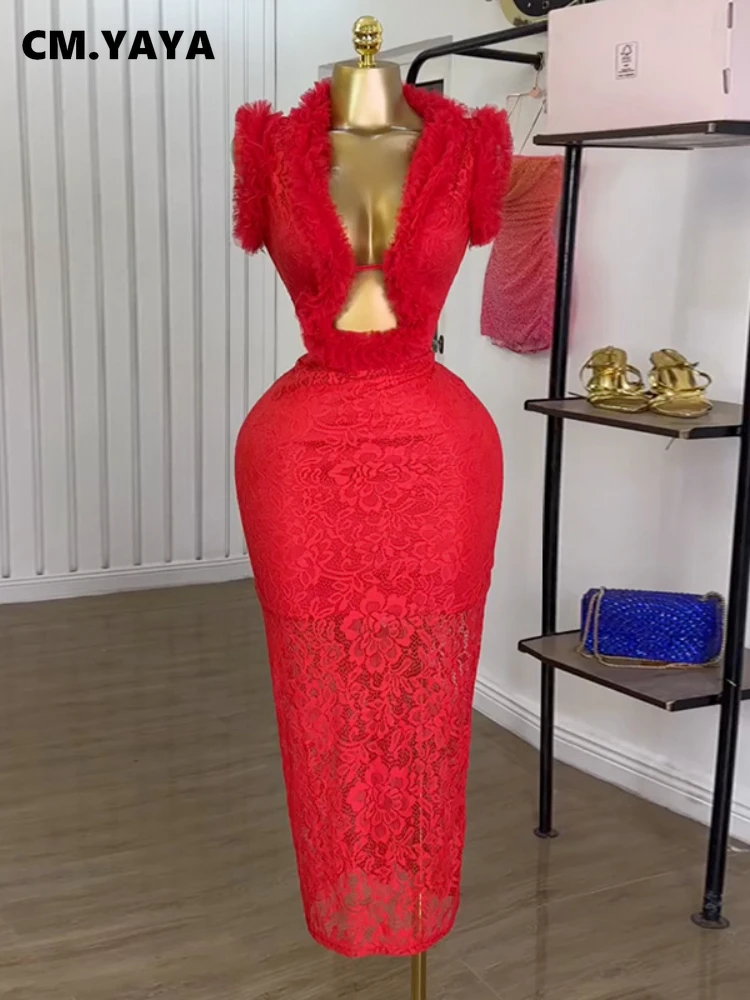 CM.YAYA Women Ruffles Splicing Deep V-neck Lace Floral Bodycon Midi Dress 2025 Birthday Night Club Party Vestidos Sexy Dresses CM.YAYA Women Ruffles Splicing Deep V-neck Lace Floral Bodycon Midi Dress 2025 Birthday Night Club Party Vestidos Sexy Dresses