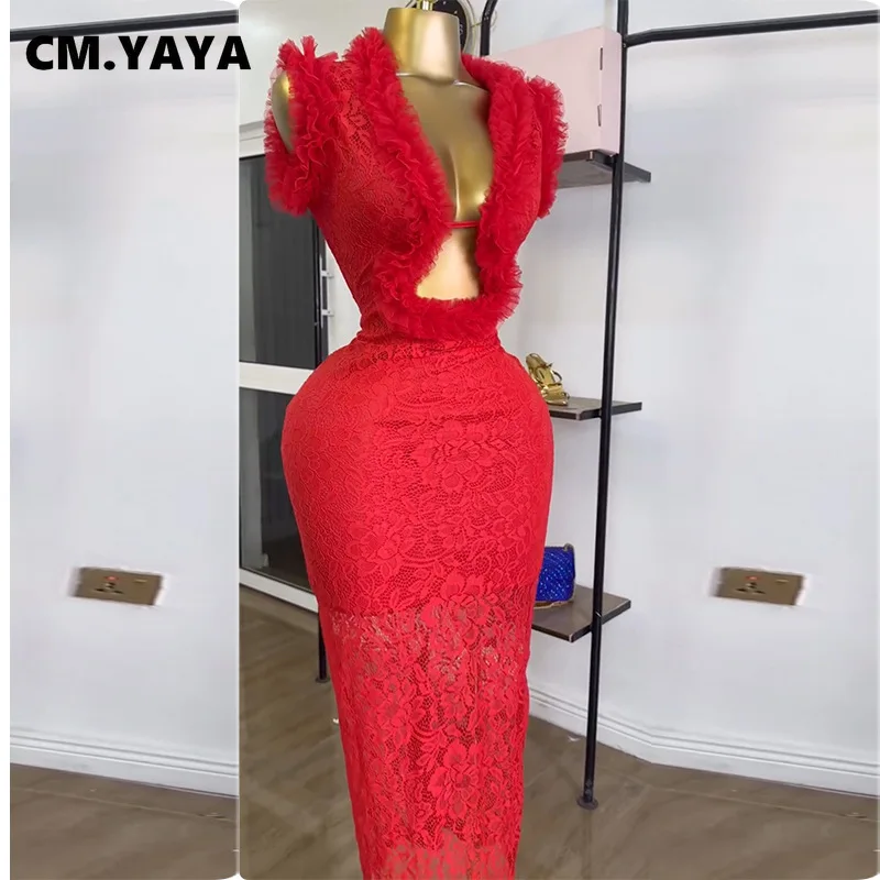 CM.YAYA Women Ruffles Splicing Deep V-neck Lace Floral Bodycon Midi Dress 2025 Birthday Night Club Party Vestidos Sexy Dresses CM.YAYA Women Ruffles Splicing Deep V-neck Lace Floral Bodycon Midi Dress 2025 Birthday Night Club Party Vestidos Sexy Dresses