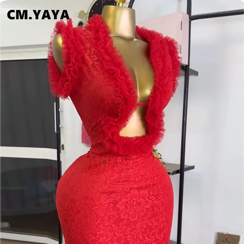 CM.YAYA Women Ruffles Splicing Deep V-neck Lace Floral Bodycon Midi Dress 2025 Birthday Night Club Party Vestidos Sexy Dresses CM.YAYA Women Ruffles Splicing Deep V-neck Lace Floral Bodycon Midi Dress 2025 Birthday Night Club Party Vestidos Sexy Dresses