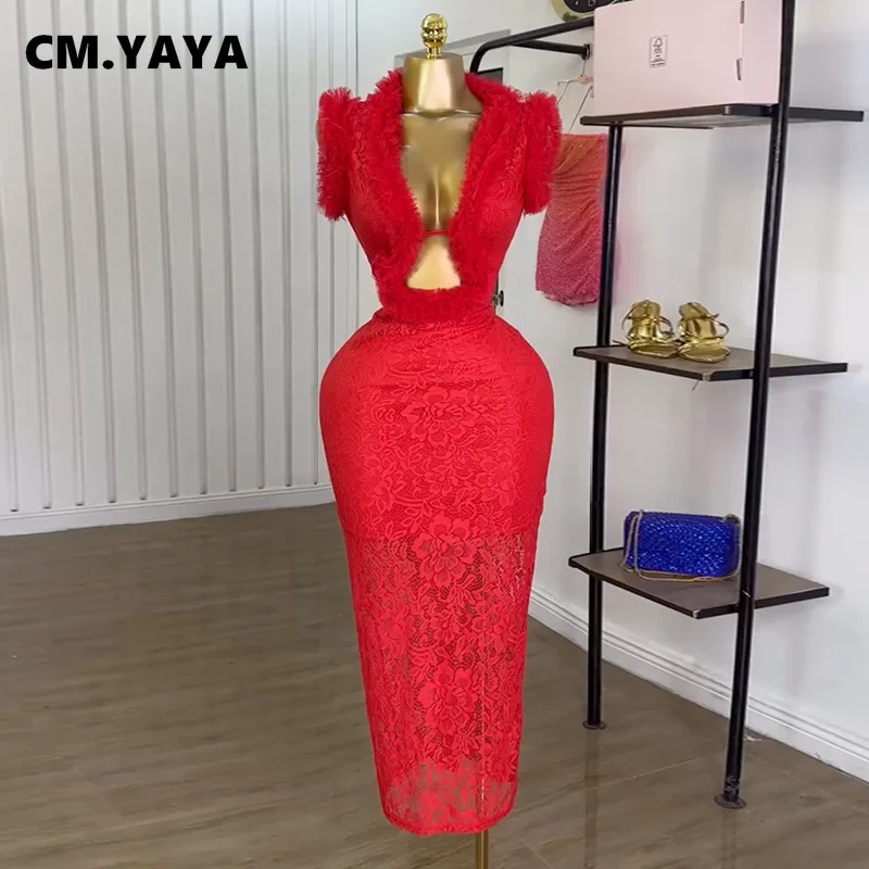 CM.YAYA Women Ruffles Splicing Deep V-neck Lace Floral Bodycon Midi Dress 2025 Birthday Night Club Party Vestidos Sexy Dresses CM.YAYA Women Ruffles Splicing Deep V-neck Lace Floral Bodycon Midi Dress 2025 Birthday Night Club Party Vestidos Sexy Dresses