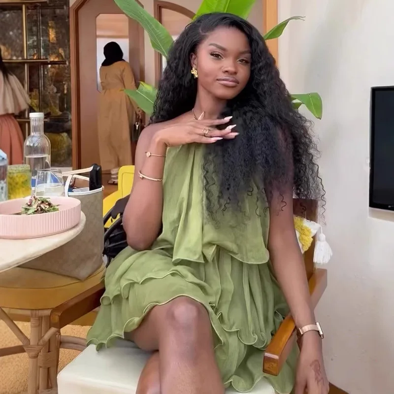 CM.YAYA Women Sleeveless Ruffles Strap Ball Gown Tiered Dress 2025 Beach Vacation Evening Night Party Vestidos Sexy Dresses