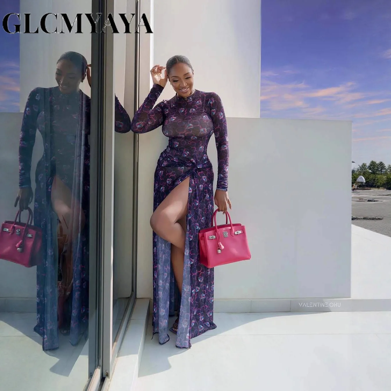 GLCMYAYA Women O-Neck Long Sleeve Print Split Maxi Long Dress 2025 Fall Autumn Evening Party Vacation Birthday Dresses Vestidos