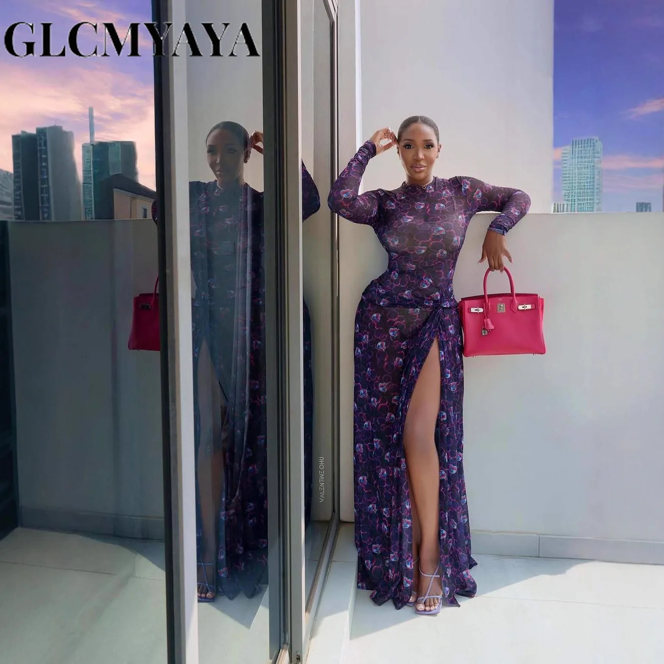 GLCMYAYA Women O-Neck Long Sleeve Print Split Maxi Long Dress 2025 Fall Autumn Evening Party Vacation Birthday Dresses Vestidos