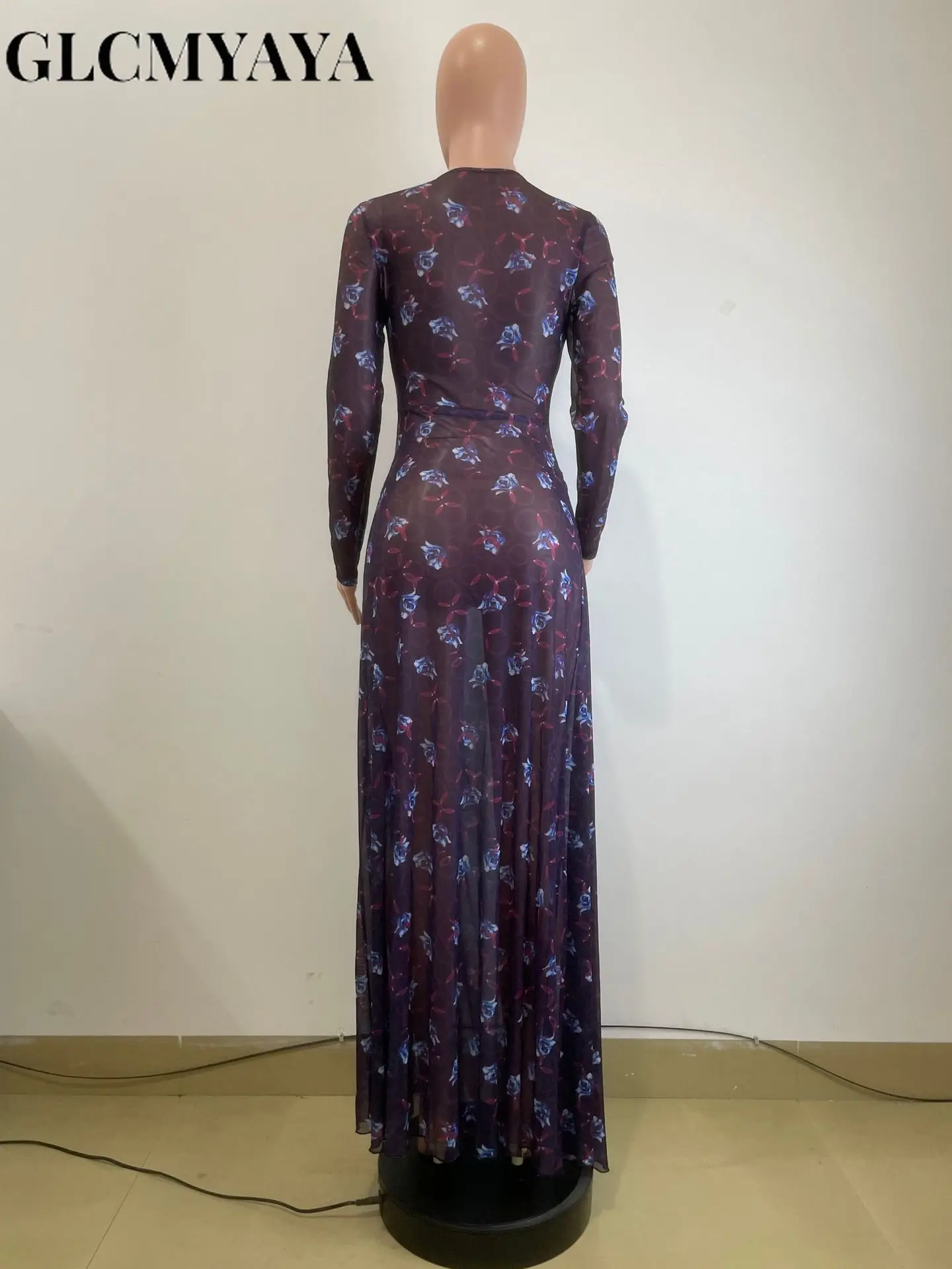 GLCMYAYA Women O-Neck Long Sleeve Print Split Maxi Long Dress 2025 Fall Autumn Evening Party Vacation Birthday Dresses Vestidos