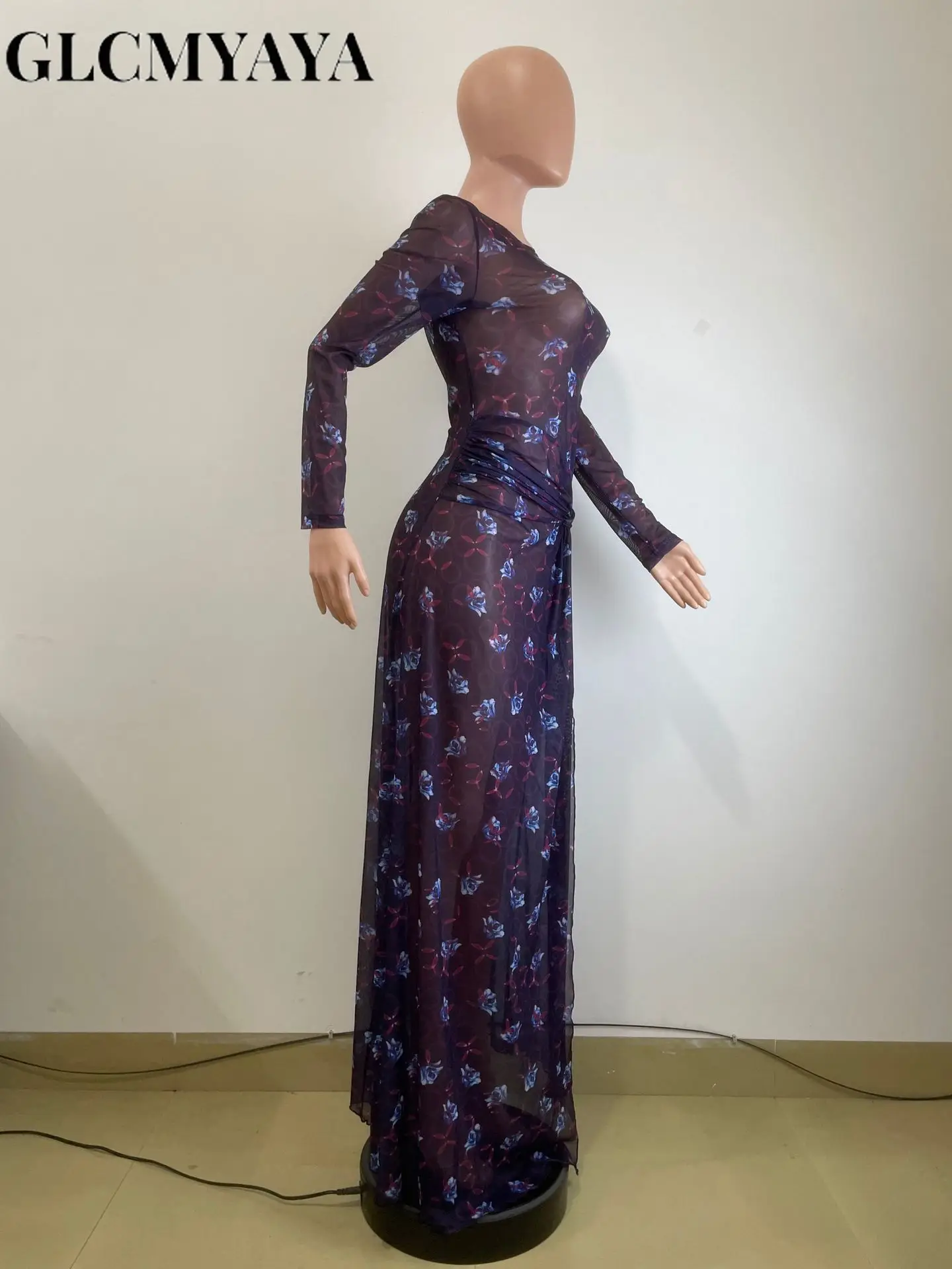 GLCMYAYA Women O-Neck Long Sleeve Print Split Maxi Long Dress 2025 Fall Autumn Evening Party Vacation Birthday Dresses Vestidos