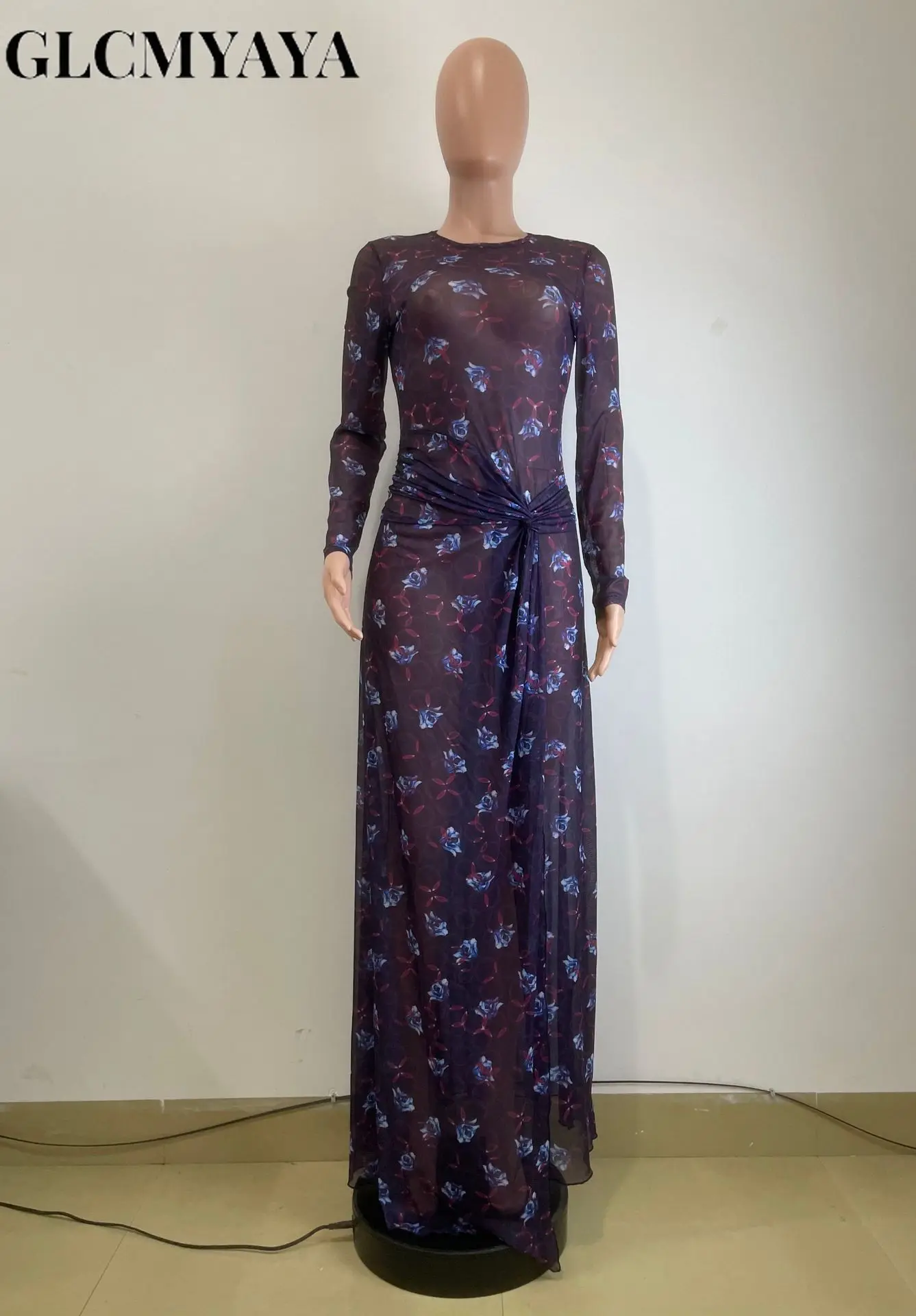 GLCMYAYA Women O-Neck Long Sleeve Print Split Maxi Long Dress 2025 Fall Autumn Evening Party Vacation Birthday Dresses Vestidos