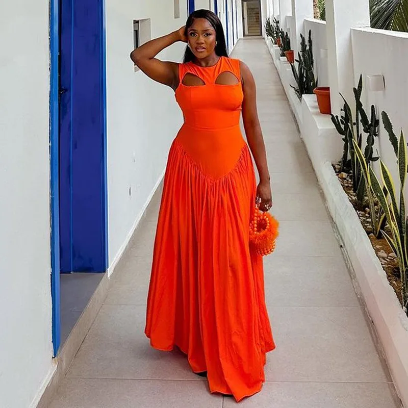 CM.YAYA 2024 Summer Sleeveless Sweet Cute O-Neck Hollow Out Slim Floor-Length Long Women Dress Beach Streetwear Maxi Dresses