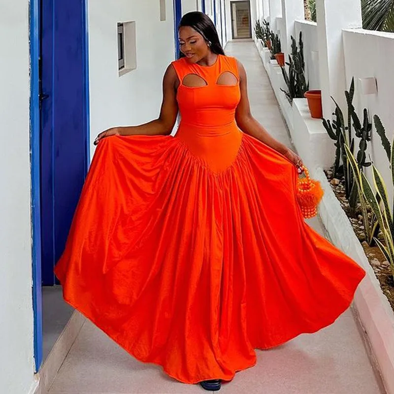 CM.YAYA 2024 Summer Sleeveless Sweet Cute O-Neck Hollow Out Slim Floor-Length Long Women Dress Beach Streetwear Maxi Dresses