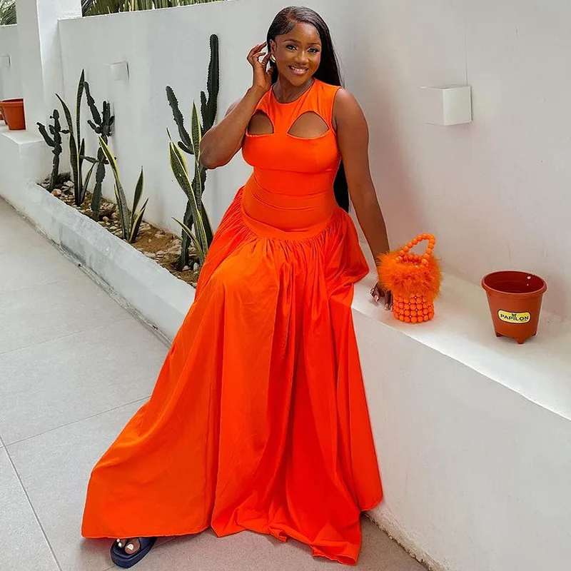 CM.YAYA 2024 Summer Sleeveless Sweet Cute O-Neck Hollow Out Slim Floor-Length Long Women Dress Beach Streetwear Maxi Dresses