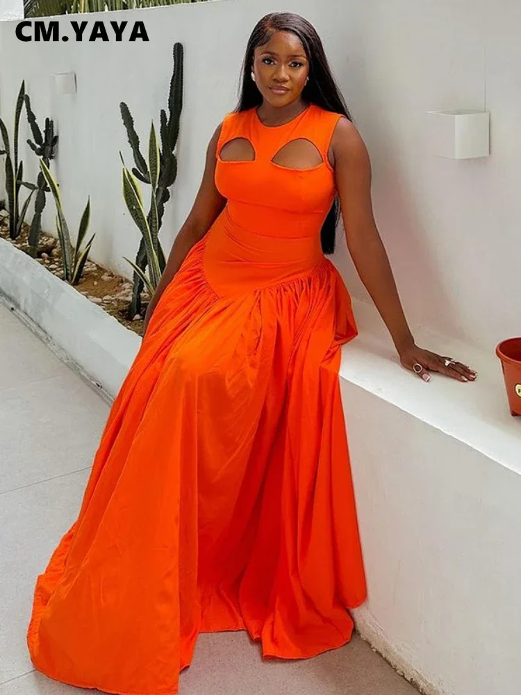 CM.YAYA 2024 Summer Sleeveless Sweet Cute O-Neck Hollow Out Slim Floor-Length Long Women Dress Beach Streetwear Maxi Dresses