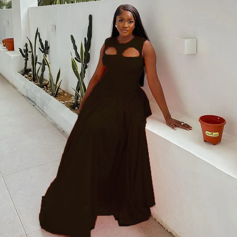 CM.YAYA 2024 Summer Sleeveless Sweet Cute O-Neck Hollow Out Slim Floor-Length Long Women Dress Beach Streetwear Maxi Dresses