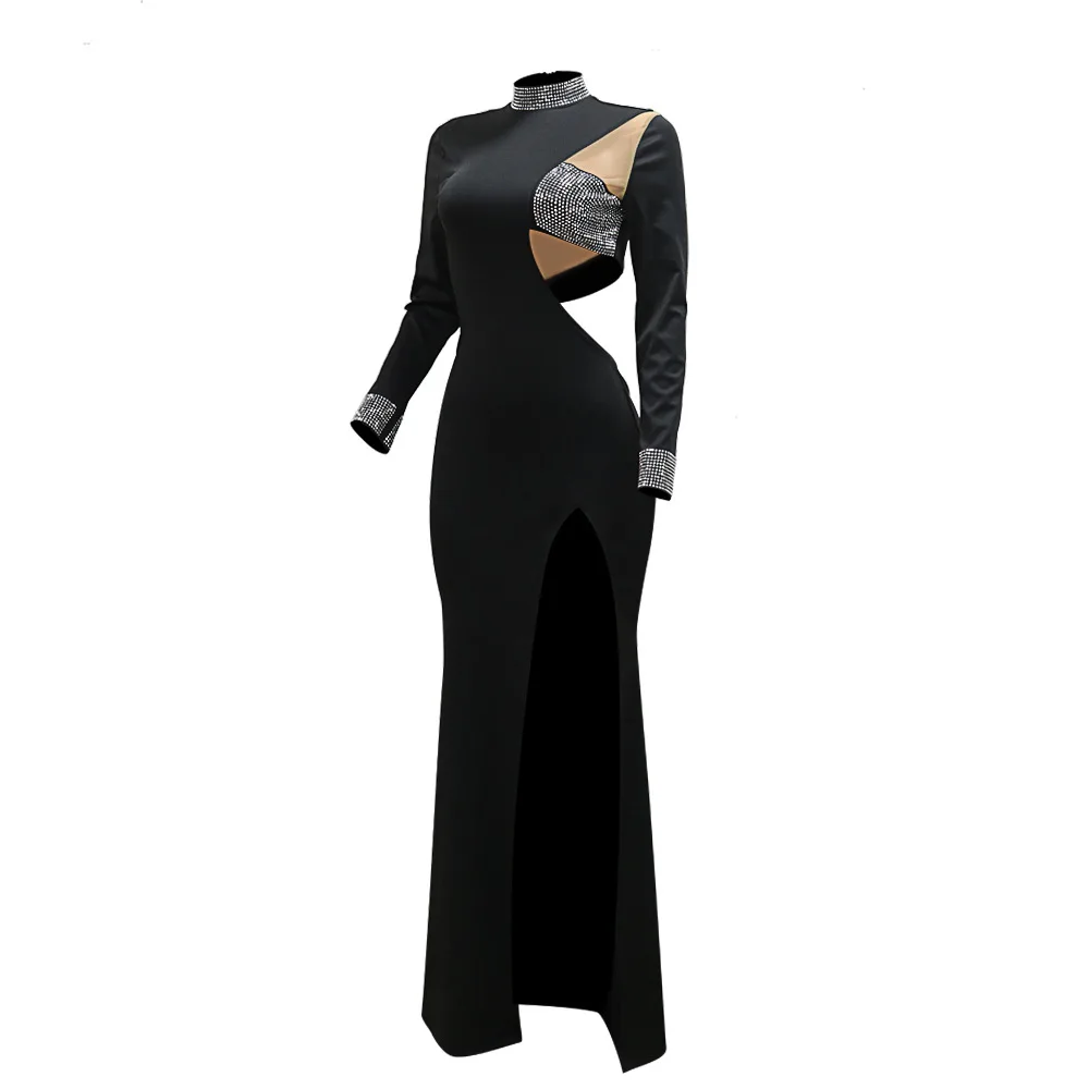 CM.YAYA Women Diamond O-Neck Full Sleeve Bodycon Long Dress Split Summer Streetwear Sexy Vestidos Night Party Evening Dresses