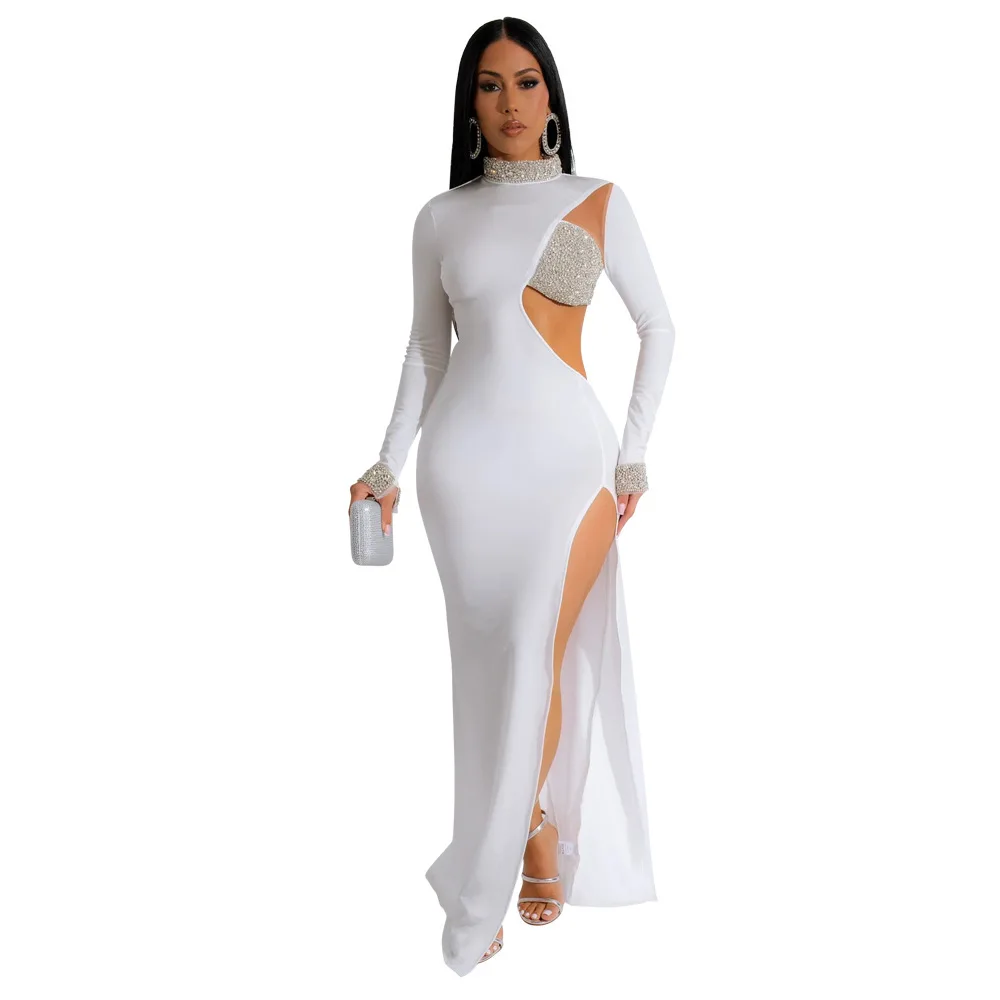 CM.YAYA Women Diamond O-Neck Full Sleeve Bodycon Long Dress Split Summer Streetwear Sexy Vestidos Night Party Evening Dresses