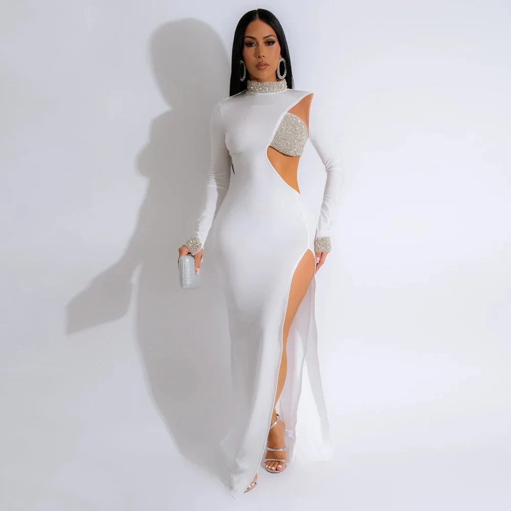CM.YAYA Women Diamond O-Neck Full Sleeve Bodycon Long Dress Split Summer Streetwear Sexy Vestidos Night Party Evening Dresses
