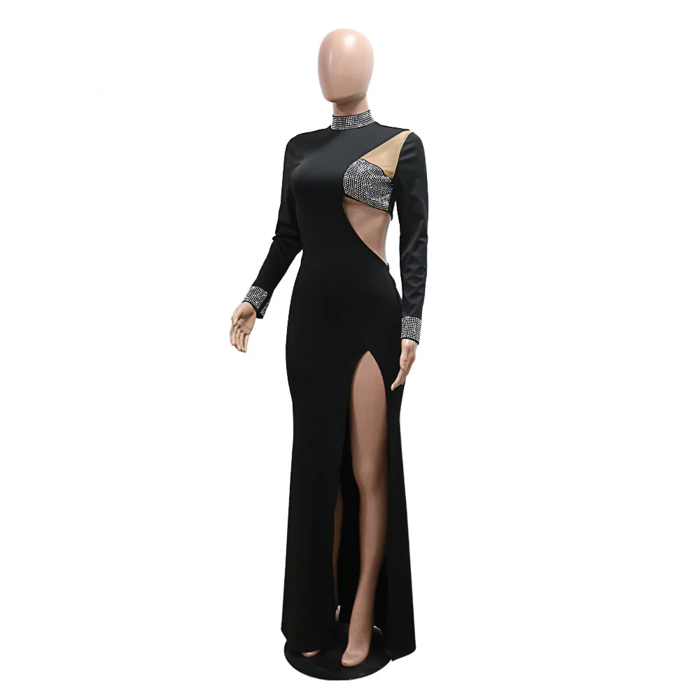 CM.YAYA Women Diamond O-Neck Full Sleeve Bodycon Long Dress Split Summer Streetwear Sexy Vestidos Night Party Evening Dresses
